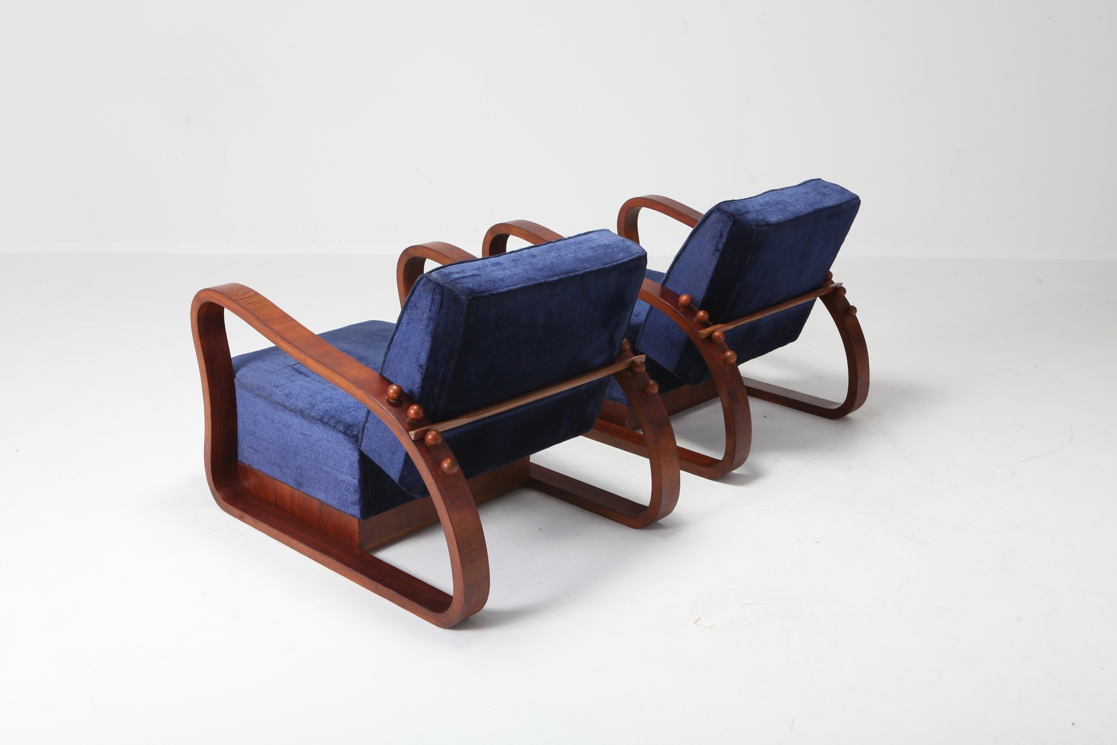 Art Deco Adjustable Lounge Chairs in Blue Velvet Halabala Style - 1930s