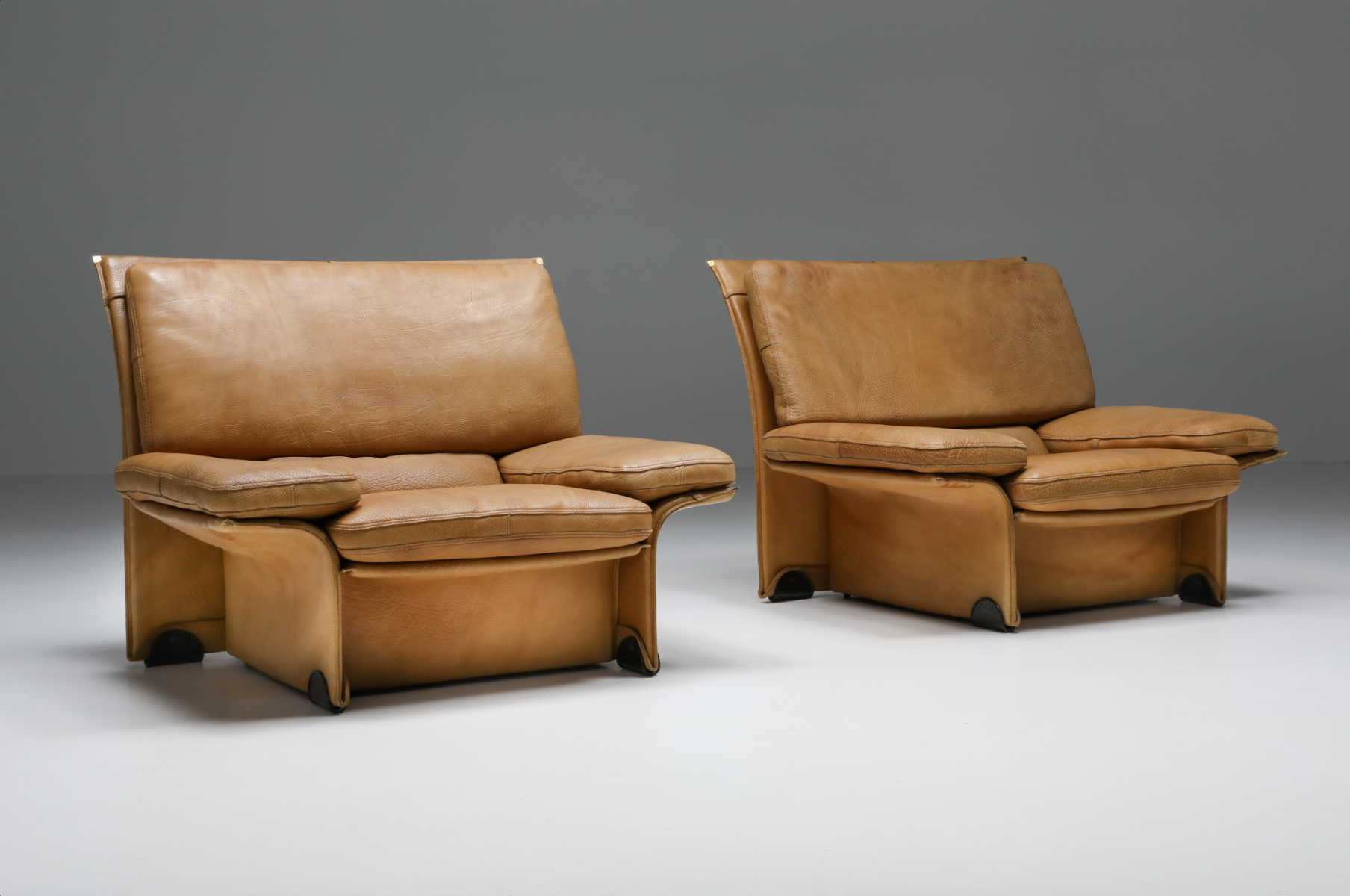 Thick Camel Leather Club Chairs by  Titiana Ammannati & Giampiero Vitelli for Brunati - 1970s
