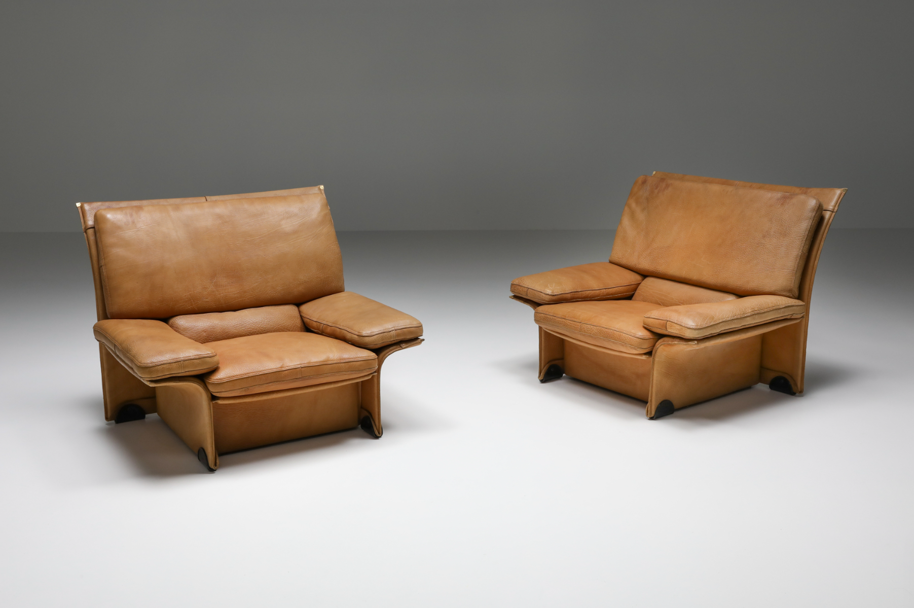 Thick Camel Leather Club Chairs by  Titiana Ammannati & Giampiero Vitelli for Brunati - 1970s