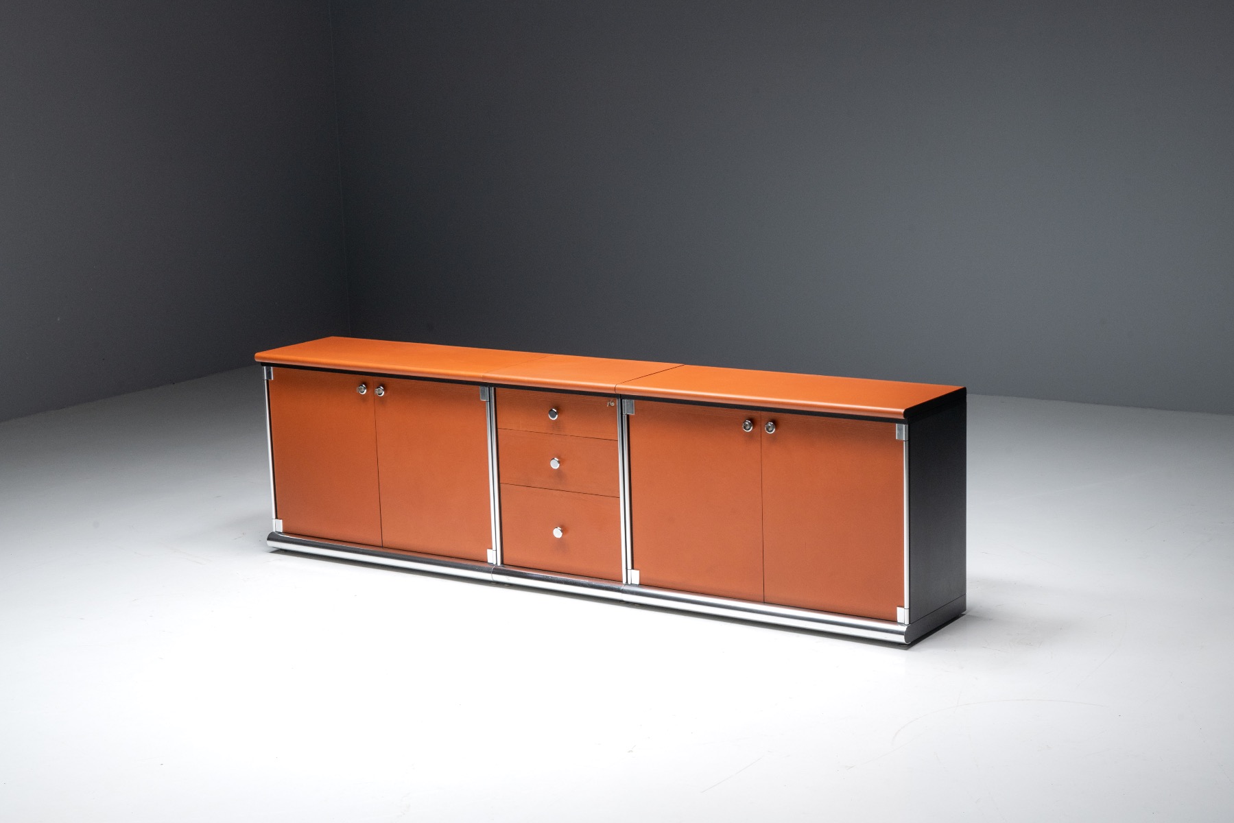 Cognac Leather Sideboard by Guido Faleschini for Mariani - 1970s