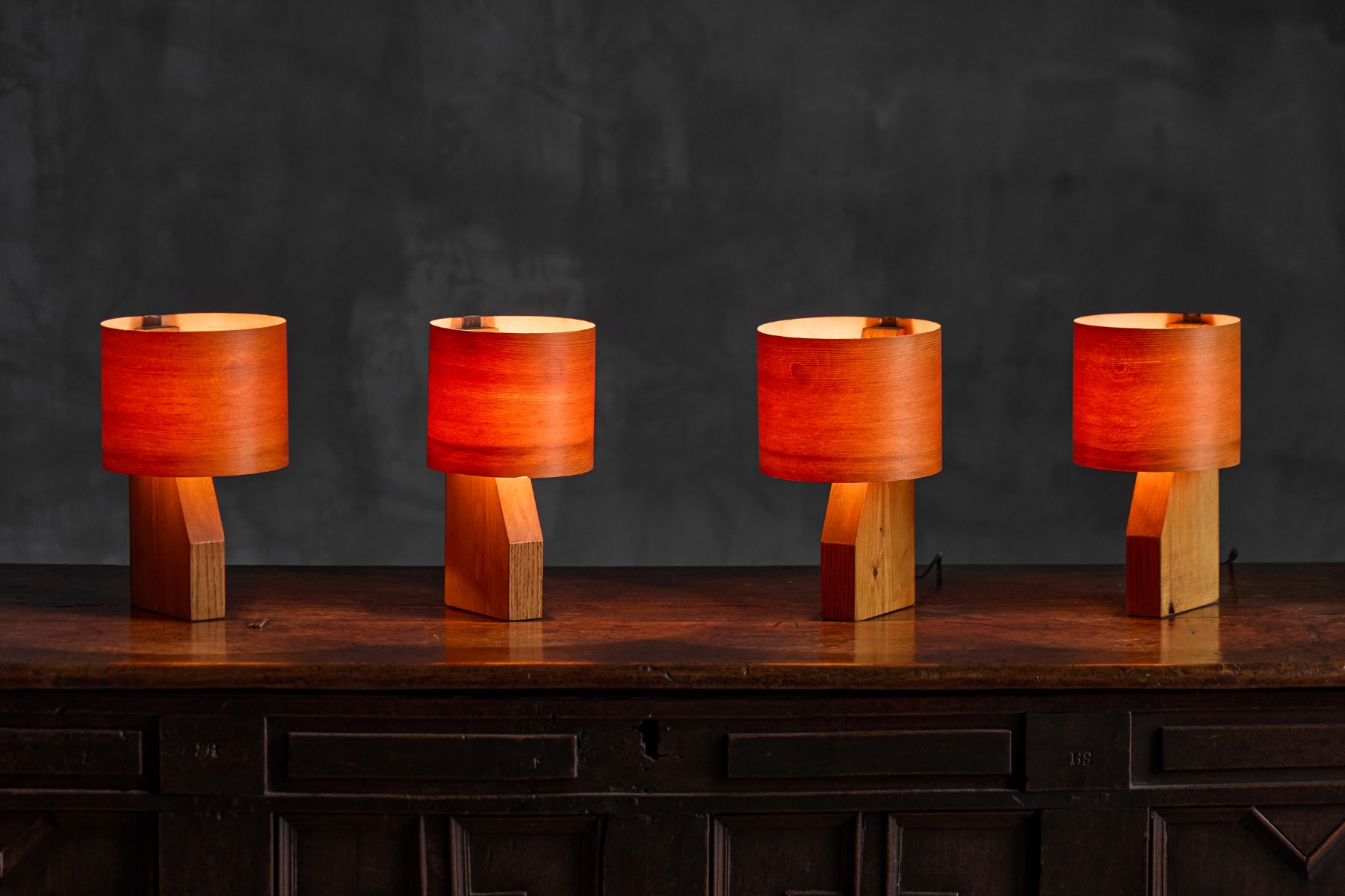 Pair of Small Mid-Century Veneer Table Lamps - 1960s