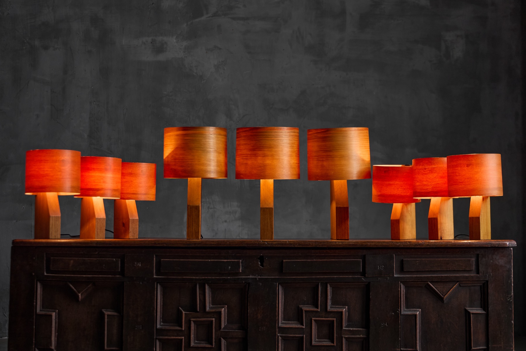 Pair of Small Mid-Century Veneer Table Lamps - 1960s