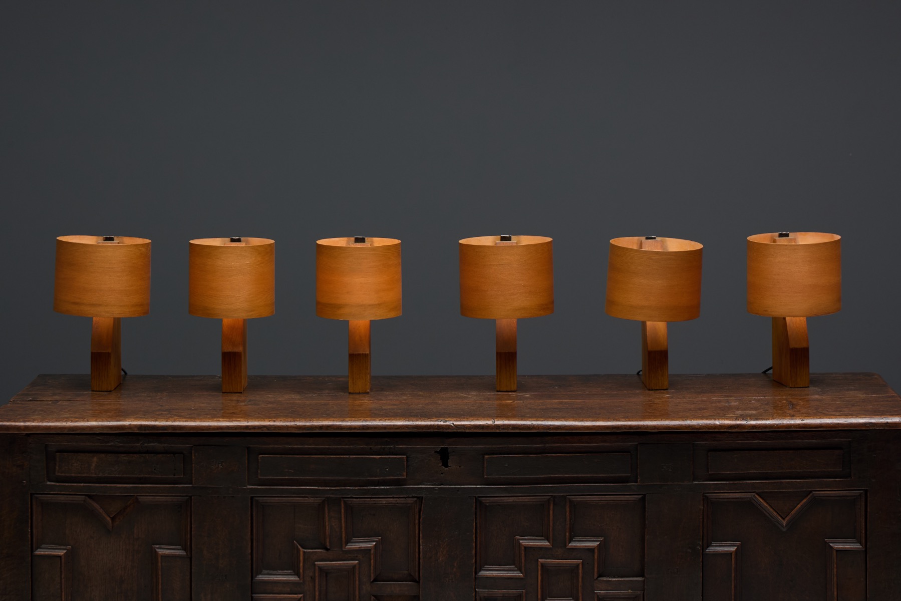Pair of Small Mid-Century Veneer Table Lamps - 1960s