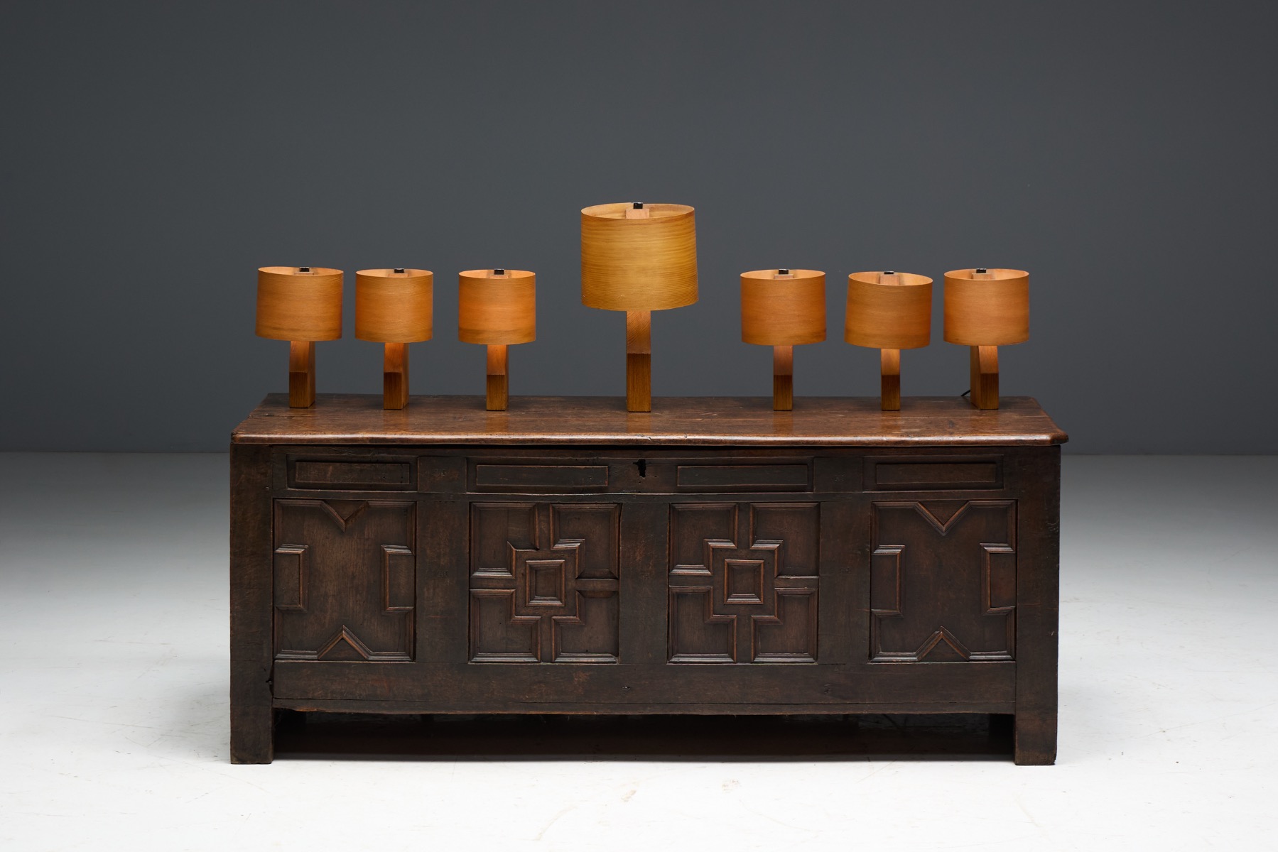 Pair of Small Mid-Century Veneer Table Lamps - 1960s