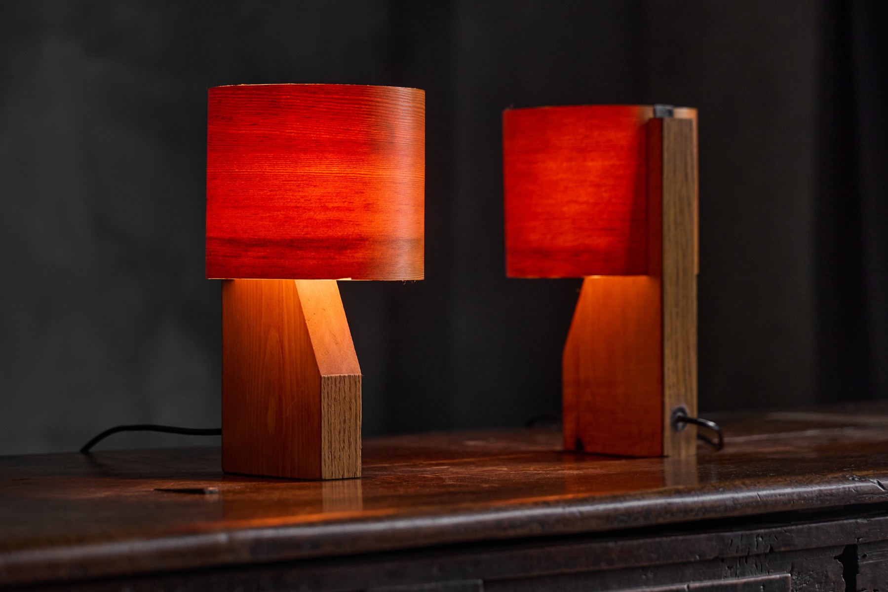 Pair of Small Mid-Century Veneer Table Lamps - 1960s