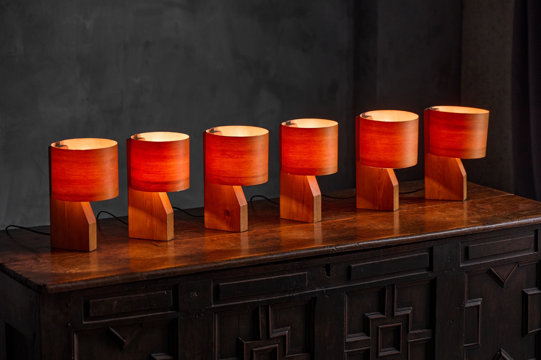 Pair of Small Mid-Century Veneer Table Lamps - 1960s
