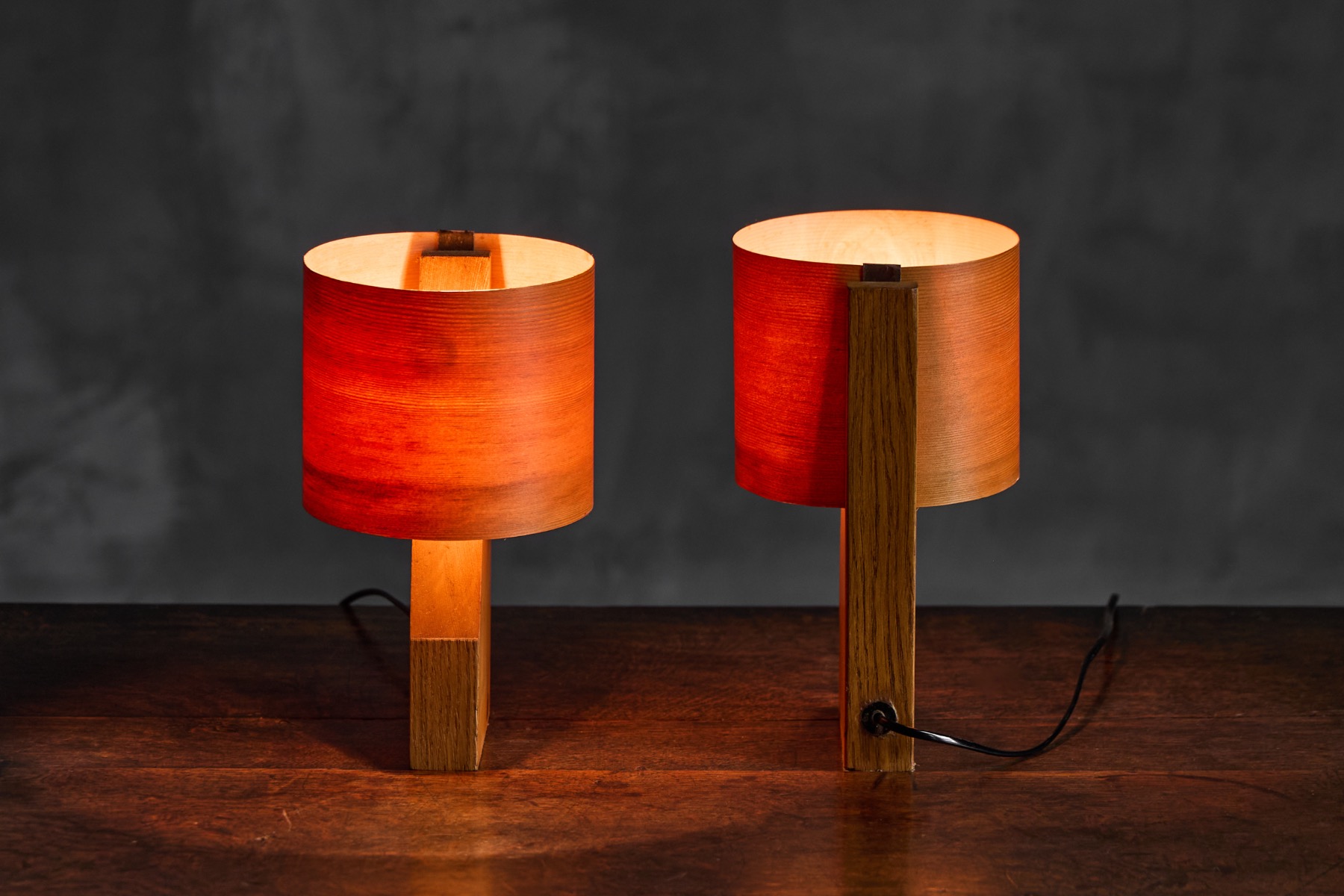Pair of Small Mid-Century Veneer Table Lamps - 1960s