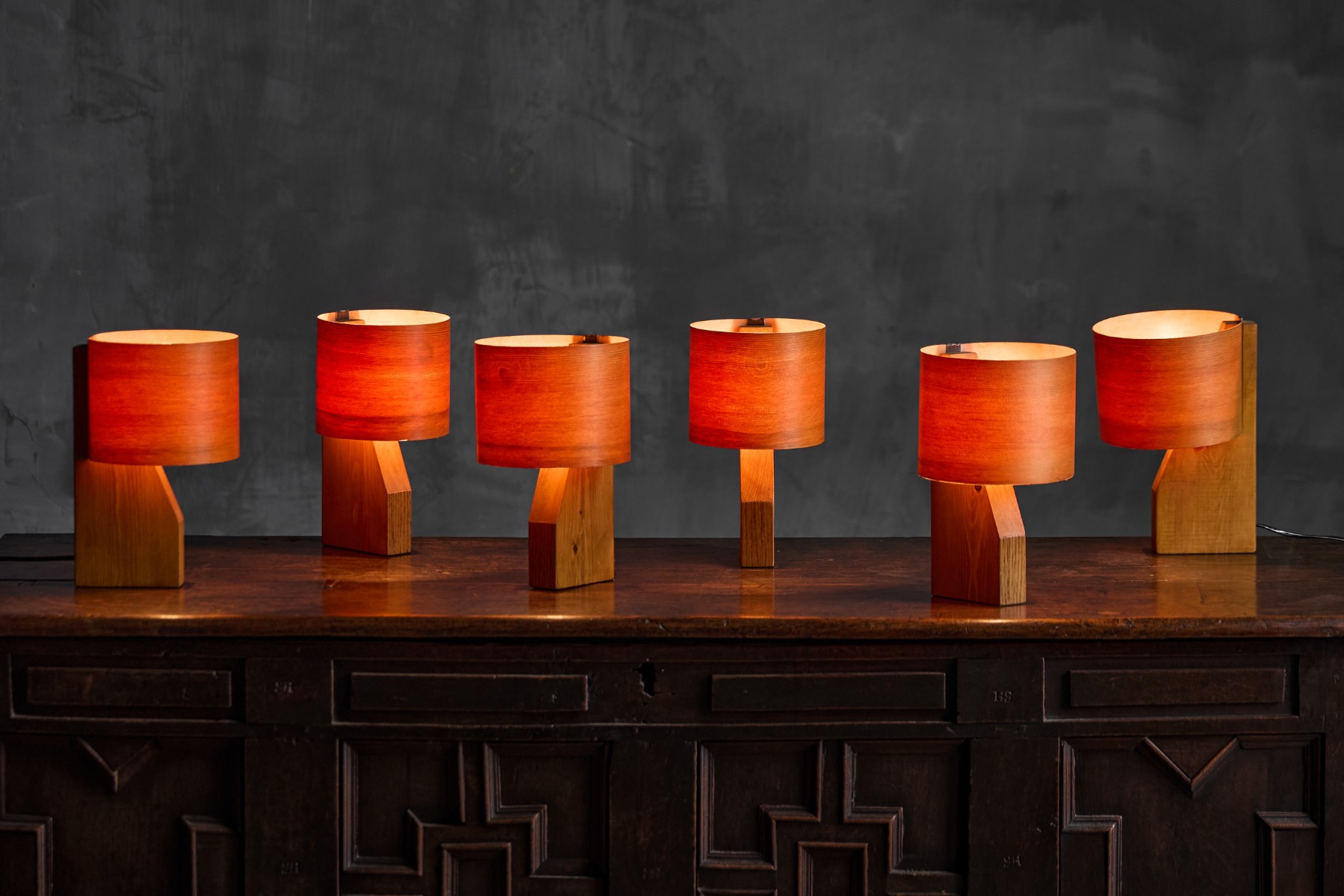 Pair of Small Mid-Century Veneer Table Lamps - 1960s