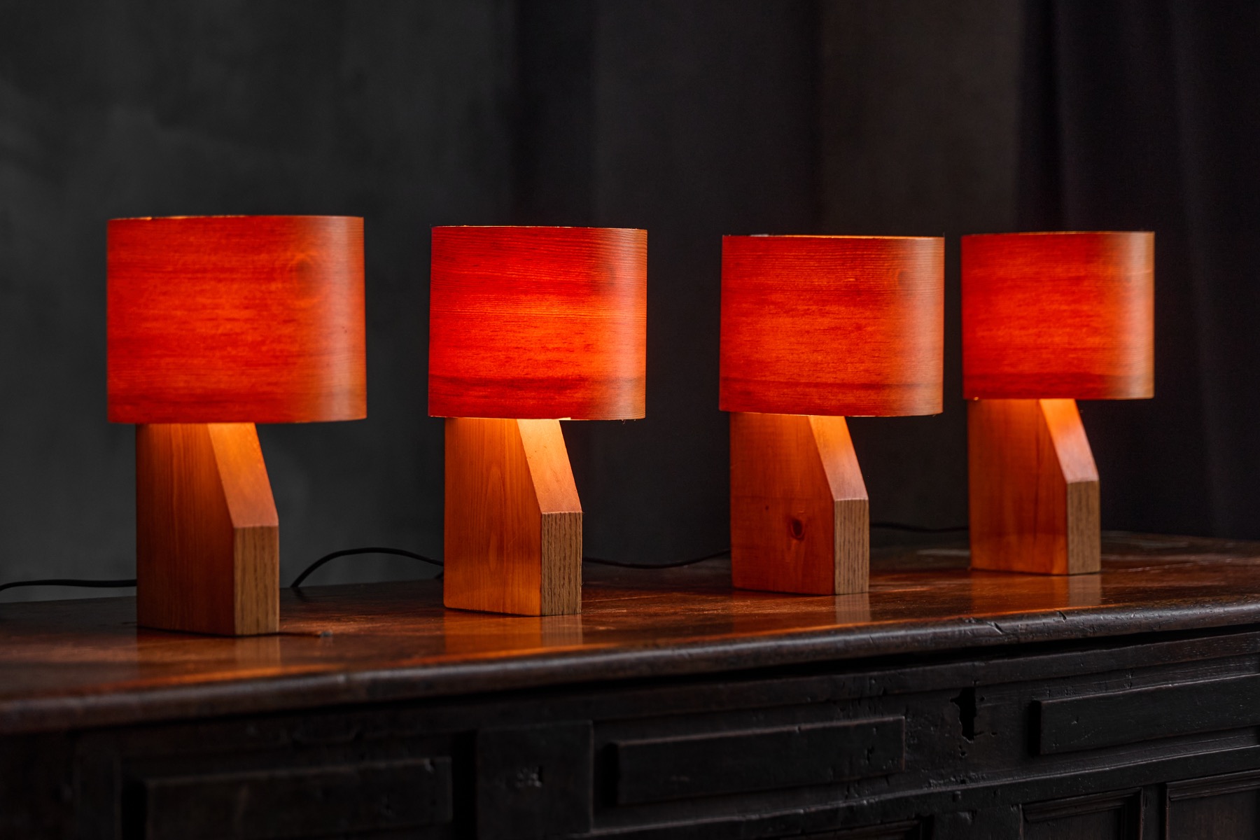 Pair of Small Mid-Century Veneer Table Lamps - 1960s