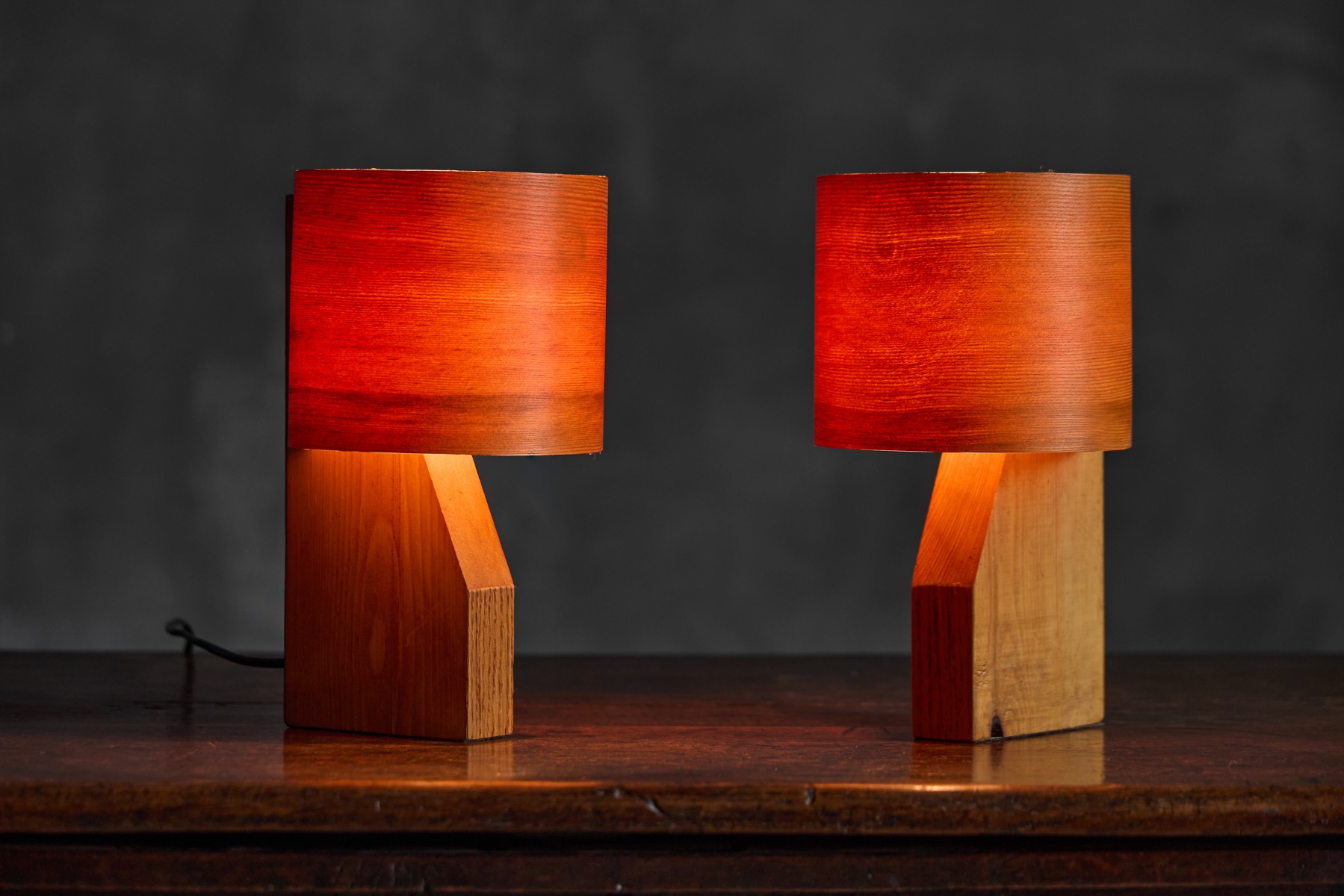 Pair of Small Mid-Century Veneer Table Lamps - 1960s