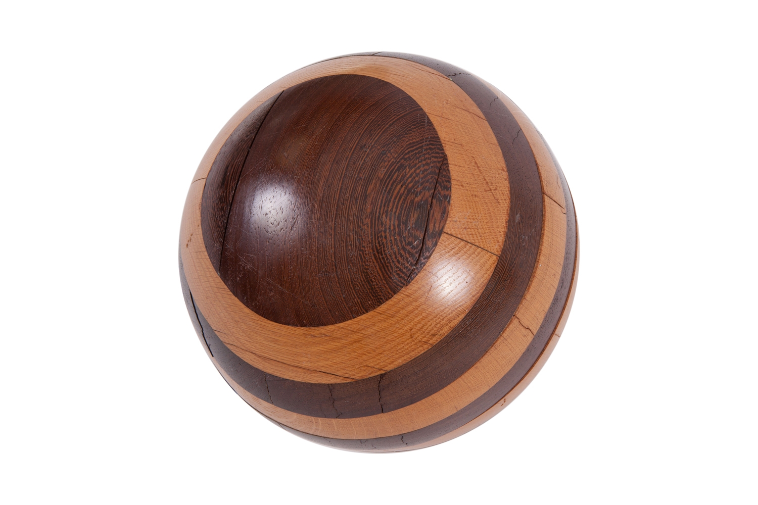 Handcrafted Wooden Sphere In Solid Oak And Wenge - 1970s