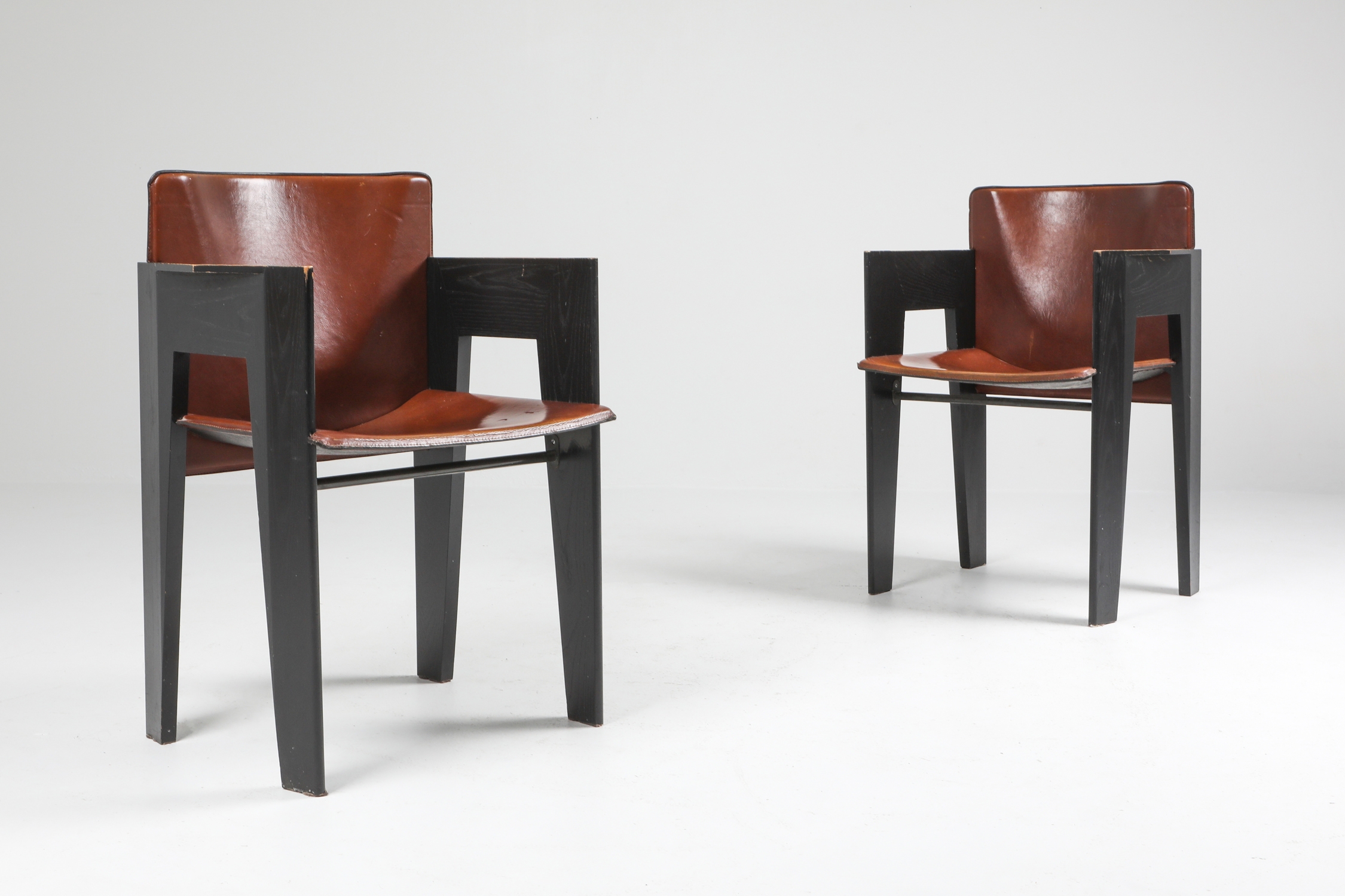Black Oak and Brown Leather Arco Chairs - 1980's