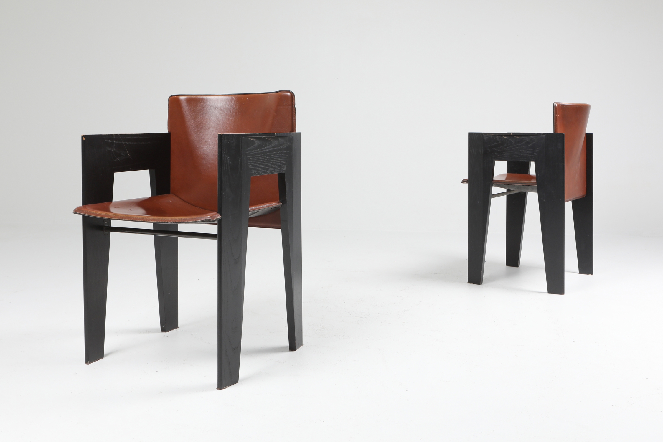 Black Oak and Brown Leather Arco Chairs - 1980's