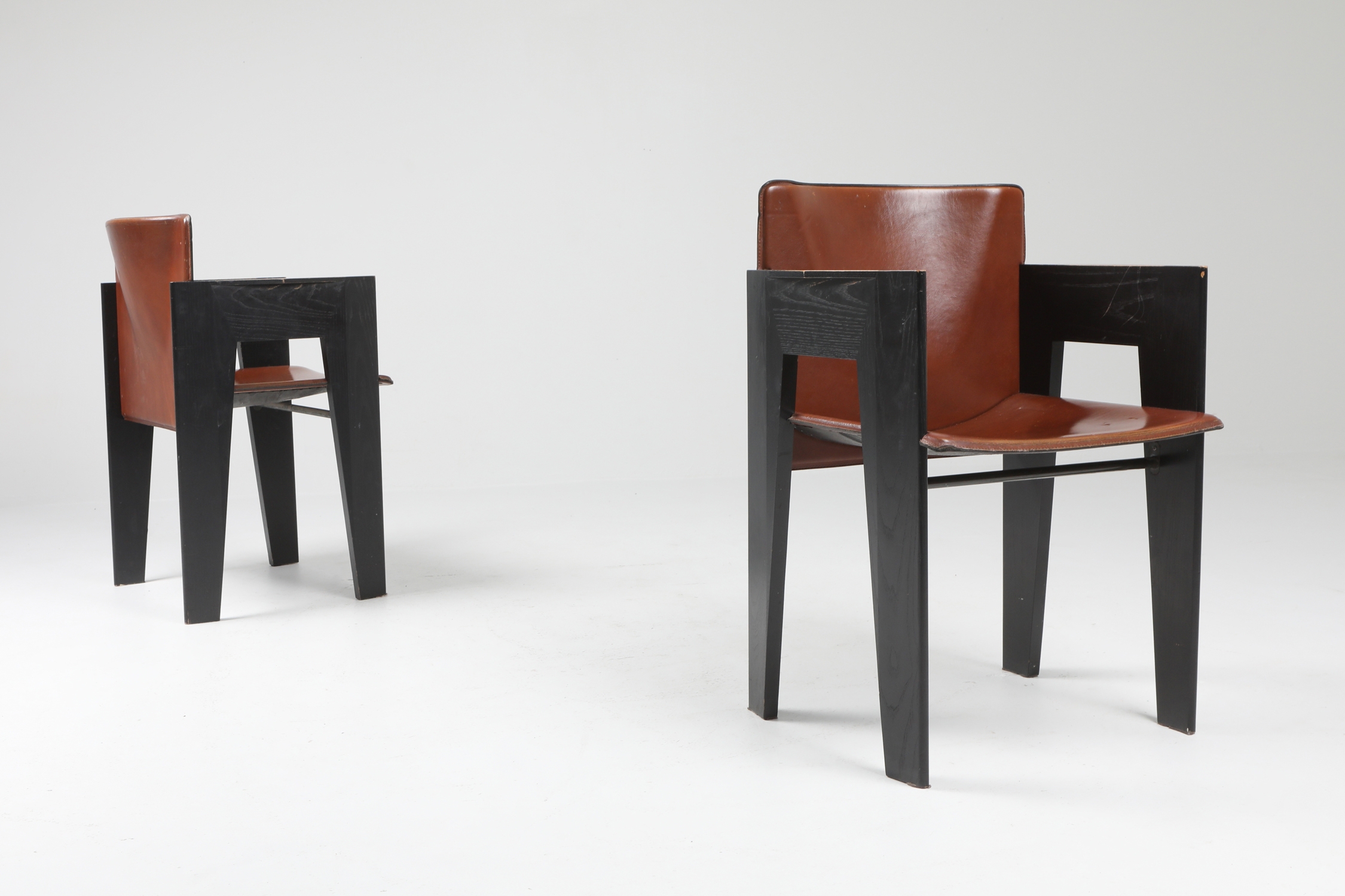 Black Oak and Brown Leather Arco Chairs - 1980's
