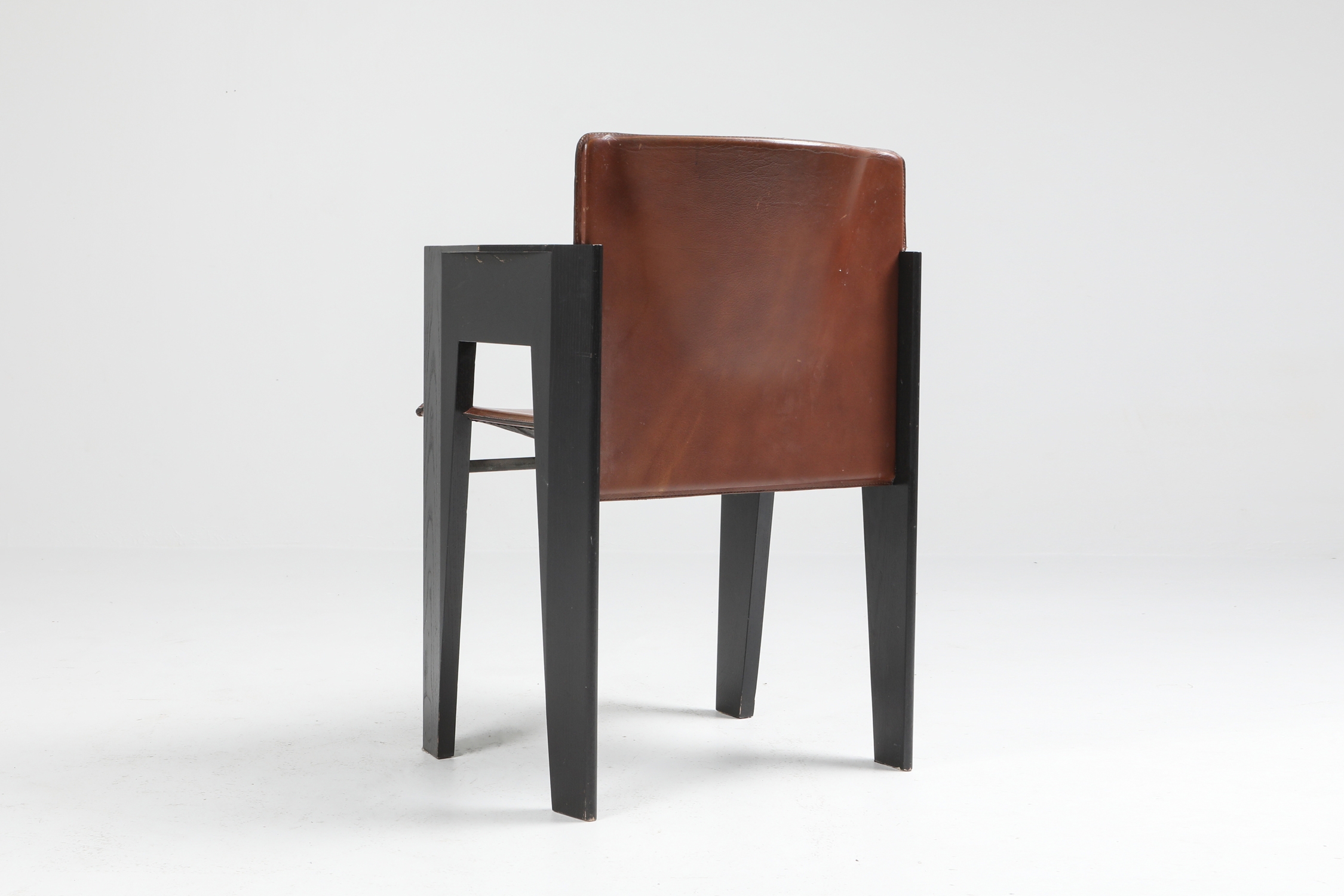 Black Oak and Brown Leather Arco Chairs - 1980's