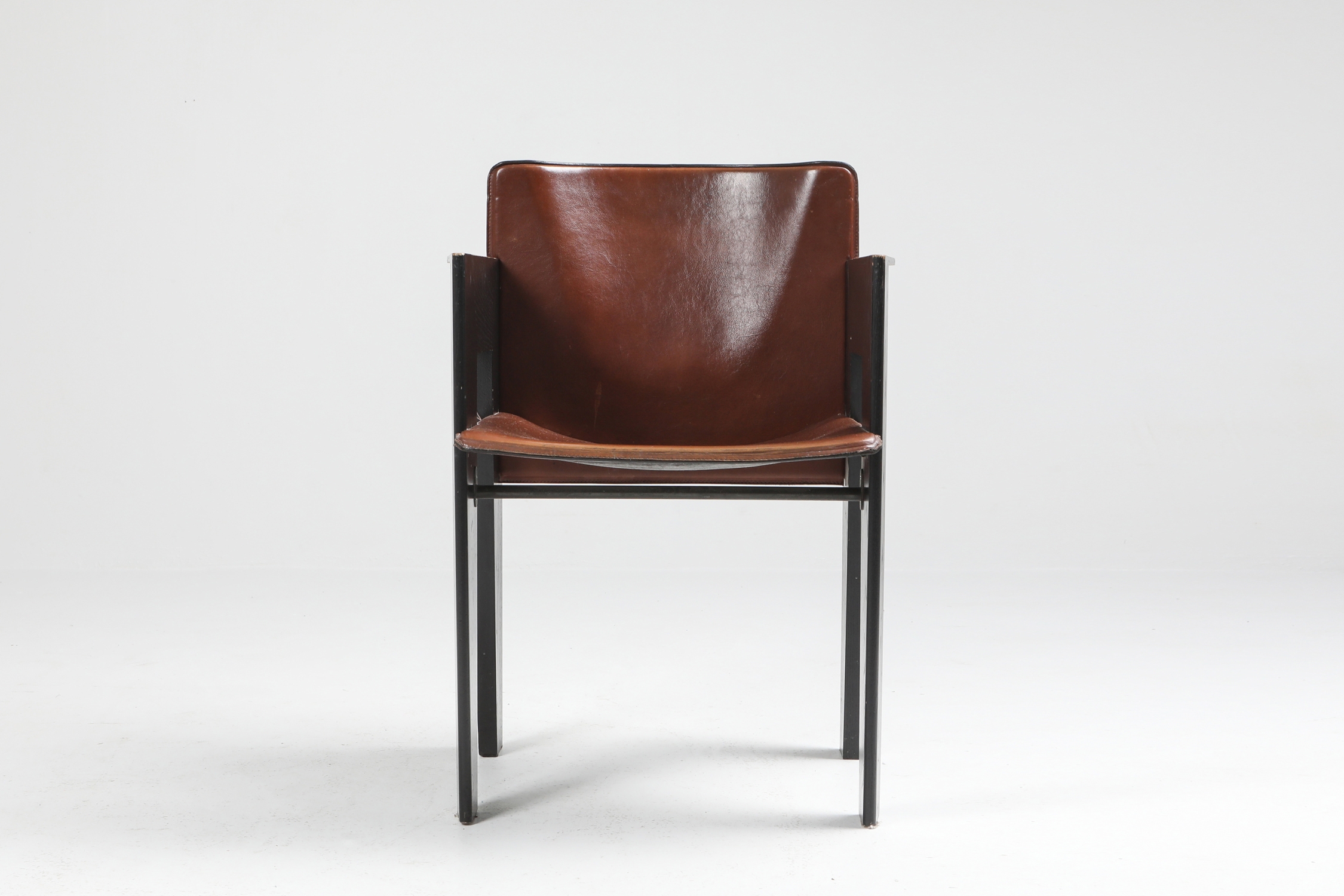 Black Oak and Brown Leather Arco Chairs - 1980's