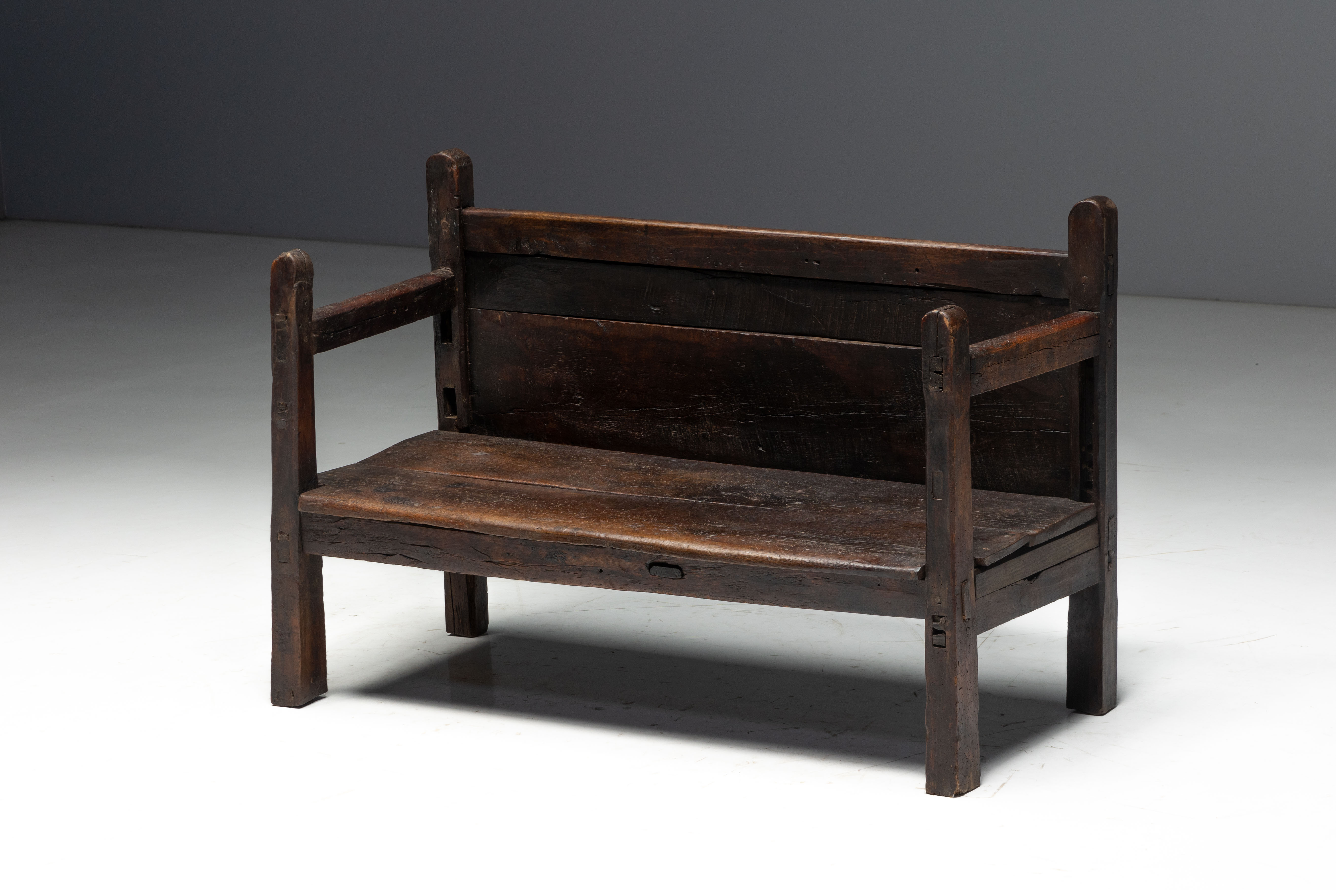 Vernacular Folk Art Wooden Bench, Europe - 19th Century 