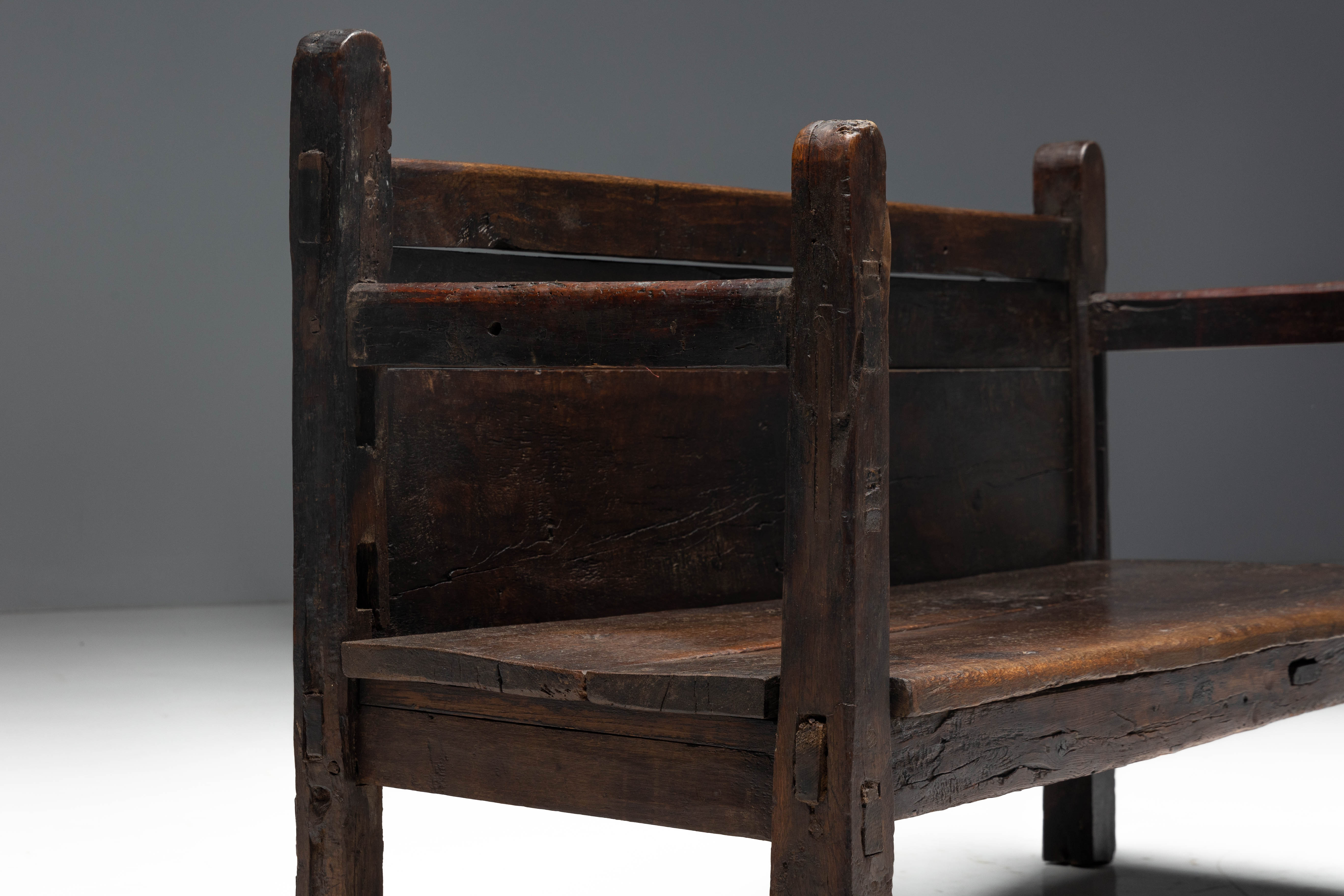 Vernacular Folk Art Wooden Bench, Europe - 19th Century 