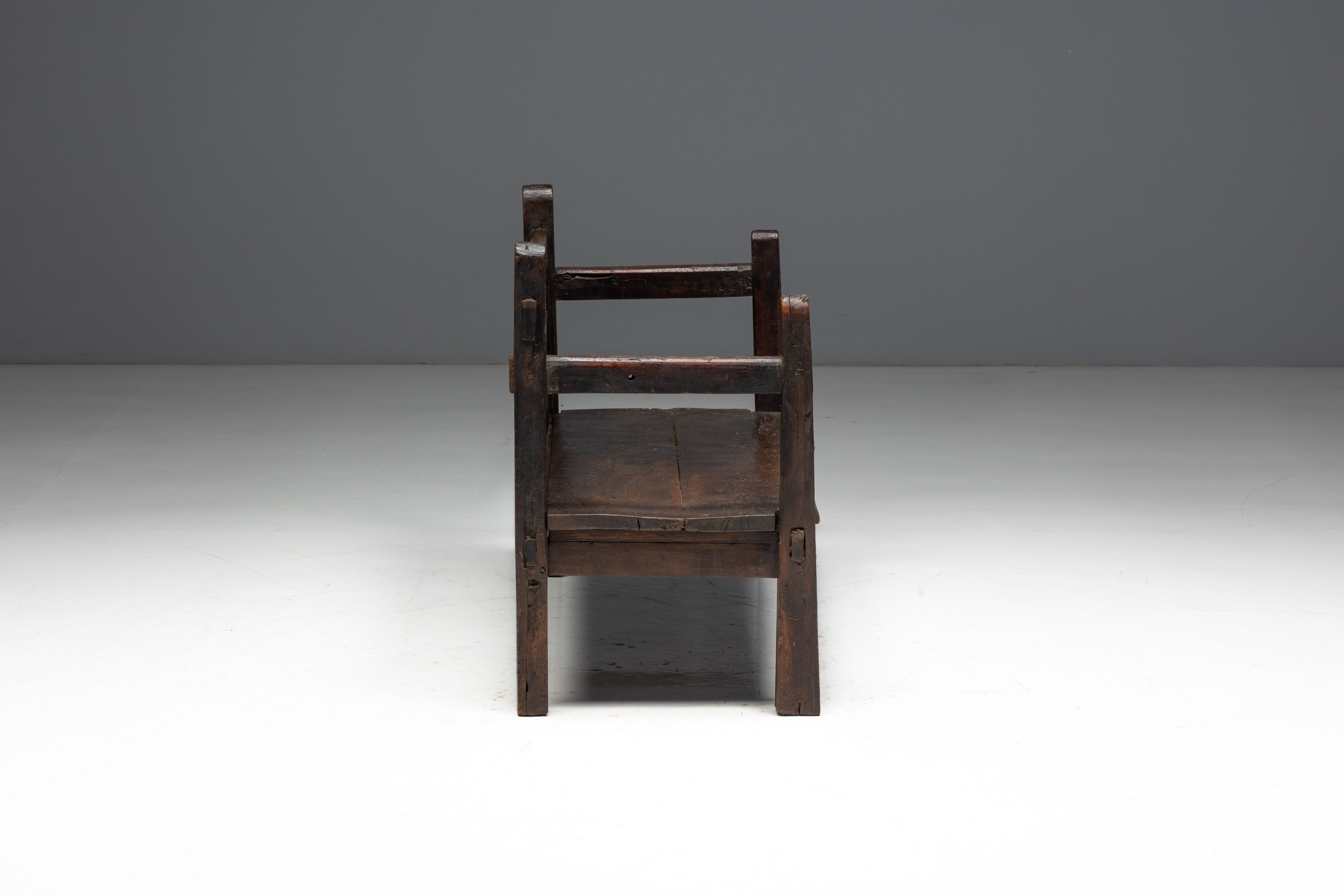 Vernacular Folk Art Wooden Bench, Europe - 19th Century 