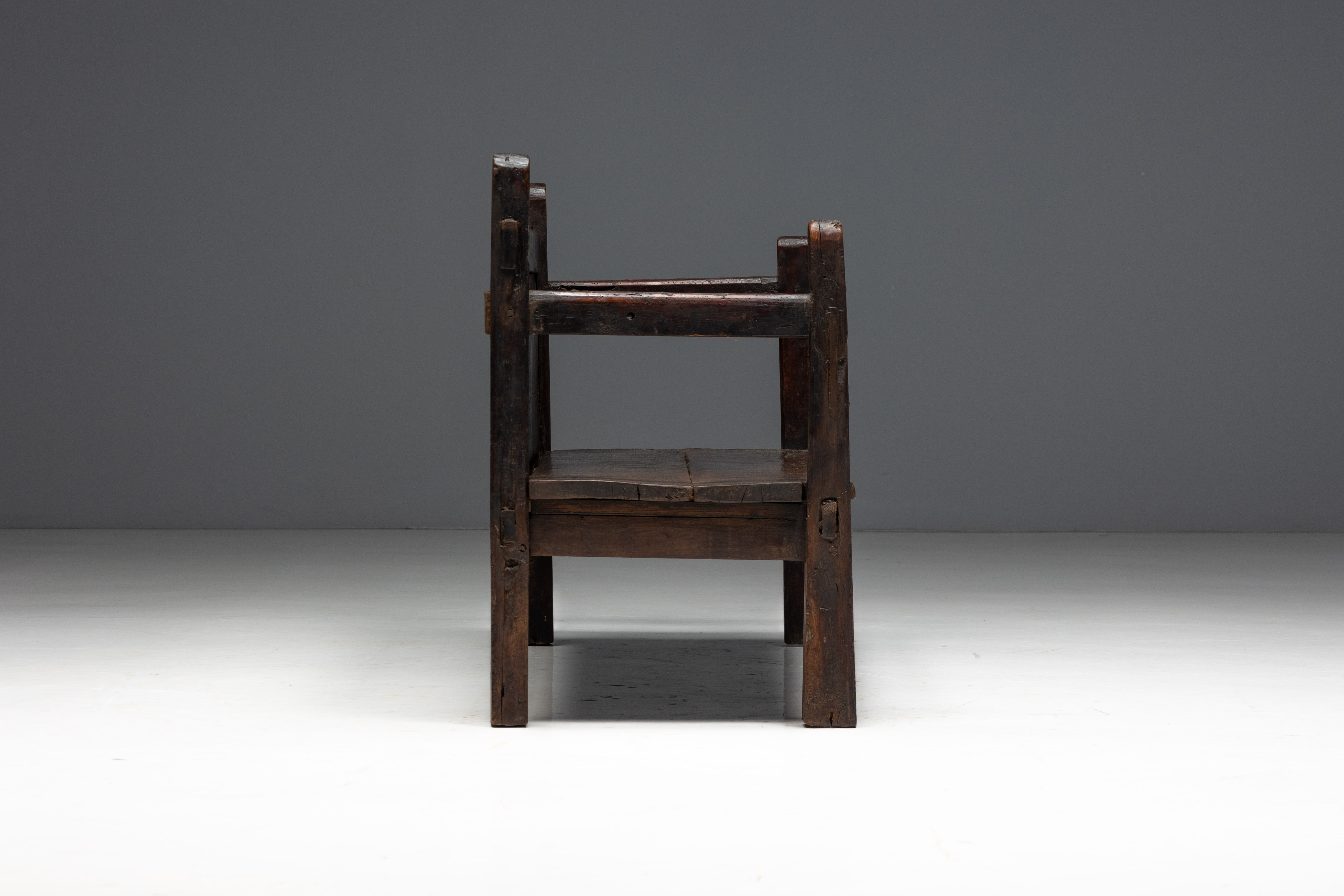 Vernacular Folk Art Wooden Bench, Europe - 19th Century 