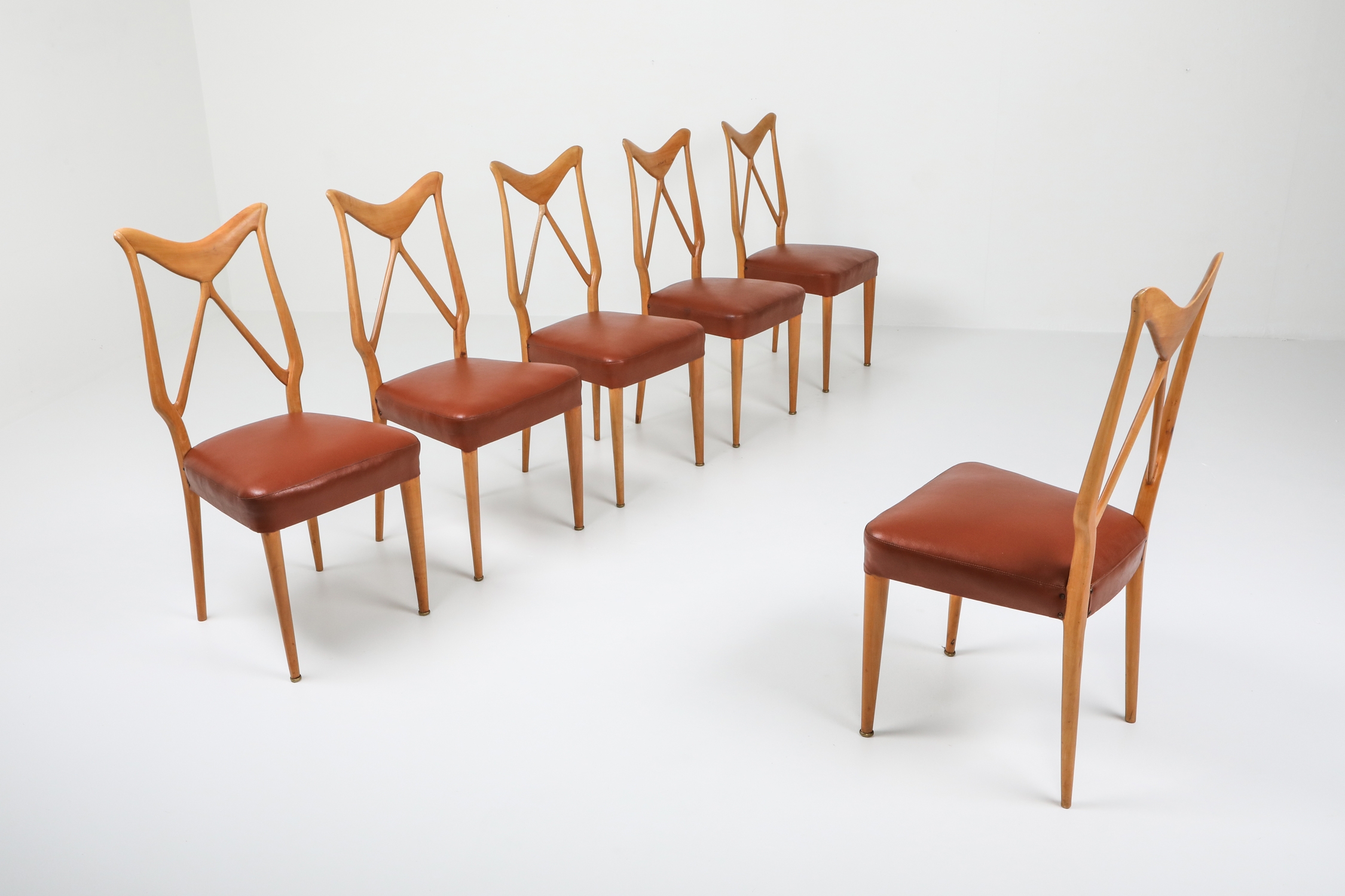 Oak & Leather Dining Chairs in the style of Ponti - 1970s