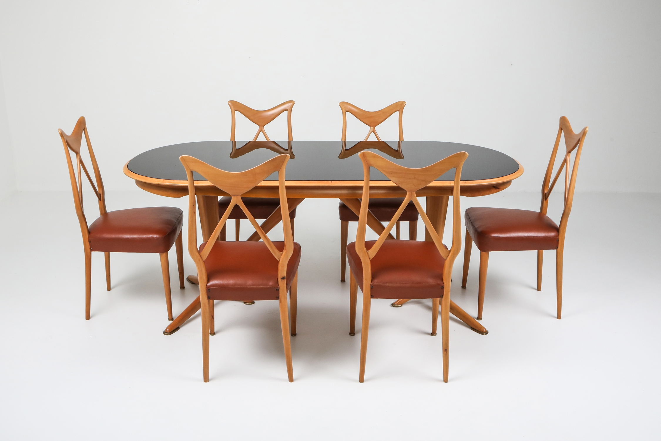 Oak & Leather Dining Chairs in the style of Ponti - 1970s