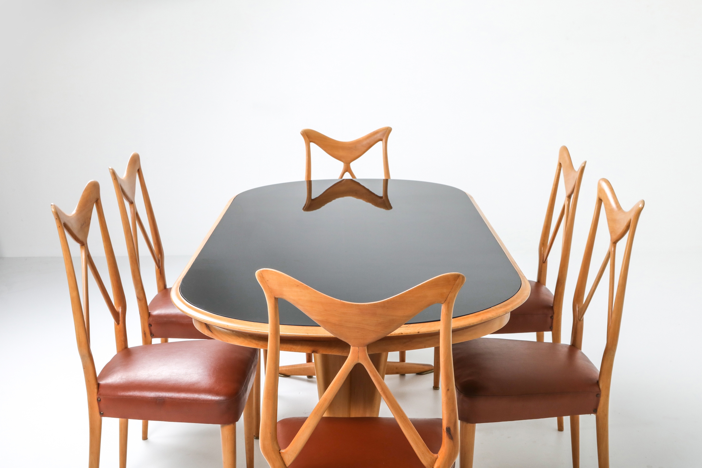 Oak & Leather Dining Chairs in the style of Ponti - 1970s