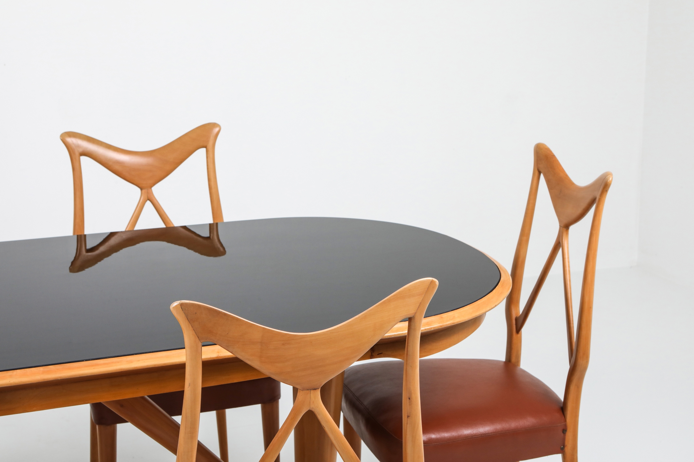 Oak & Leather Dining Chairs in the style of Ponti - 1970s