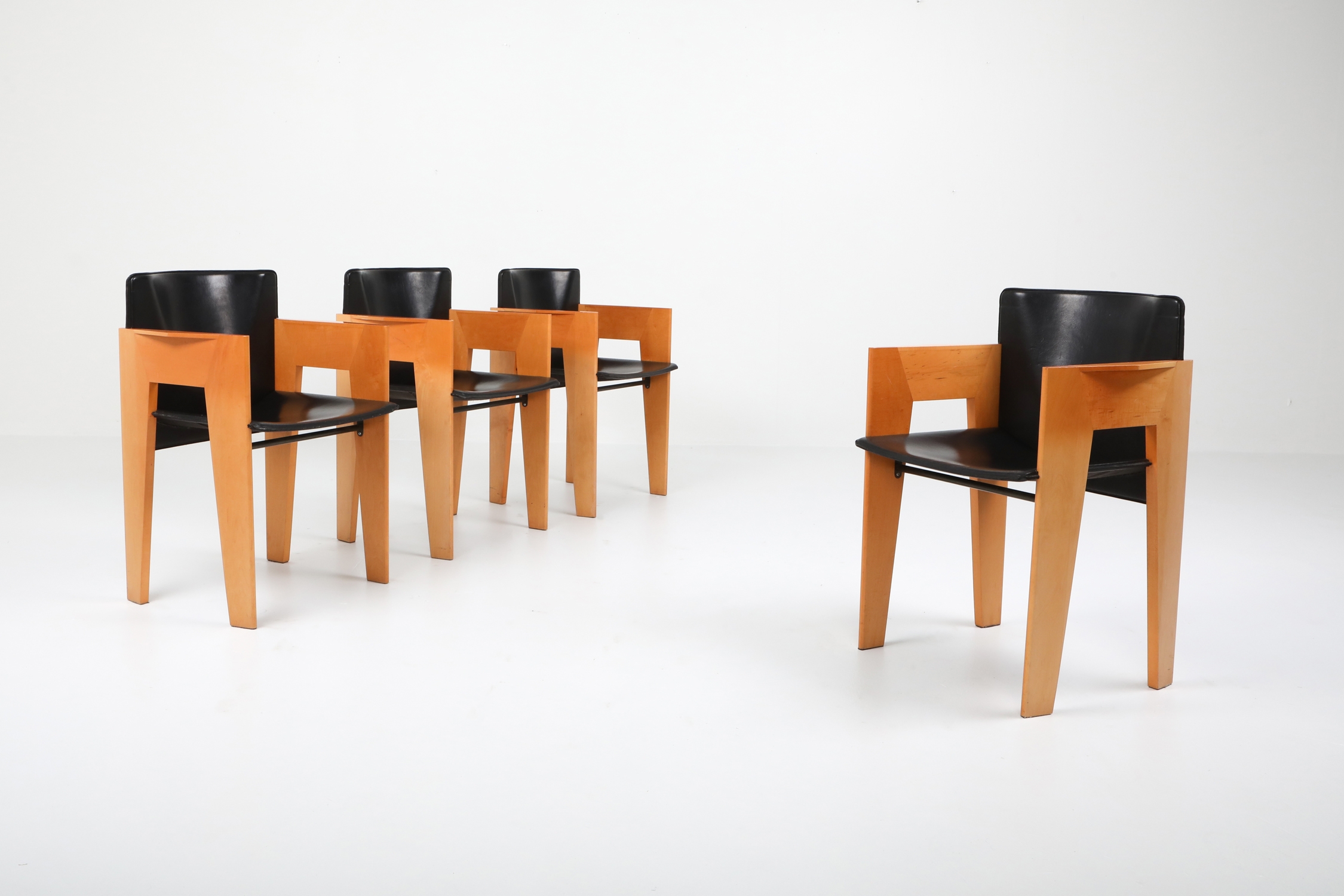 Post-modern Sculptural Leather & Wood Chairs By Arco - 1980s