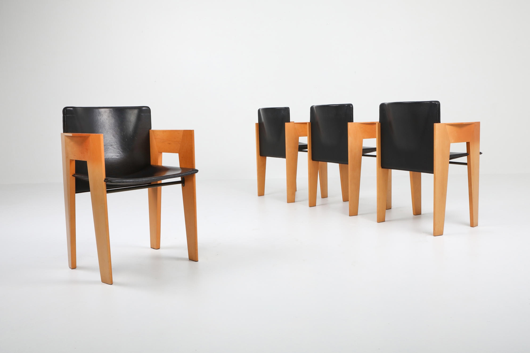 Post-modern Sculptural Leather & Wood Chairs By Arco - 1980s
