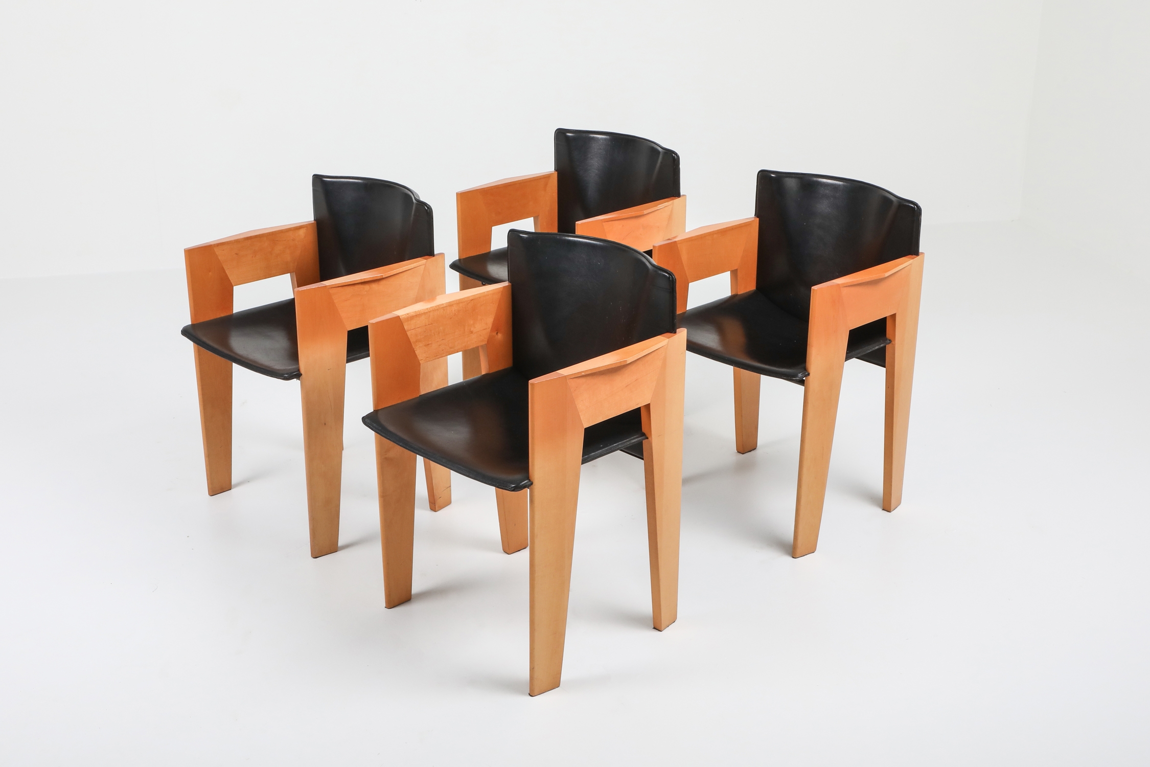 Post-modern Sculptural Leather & Wood Chairs By Arco - 1980s