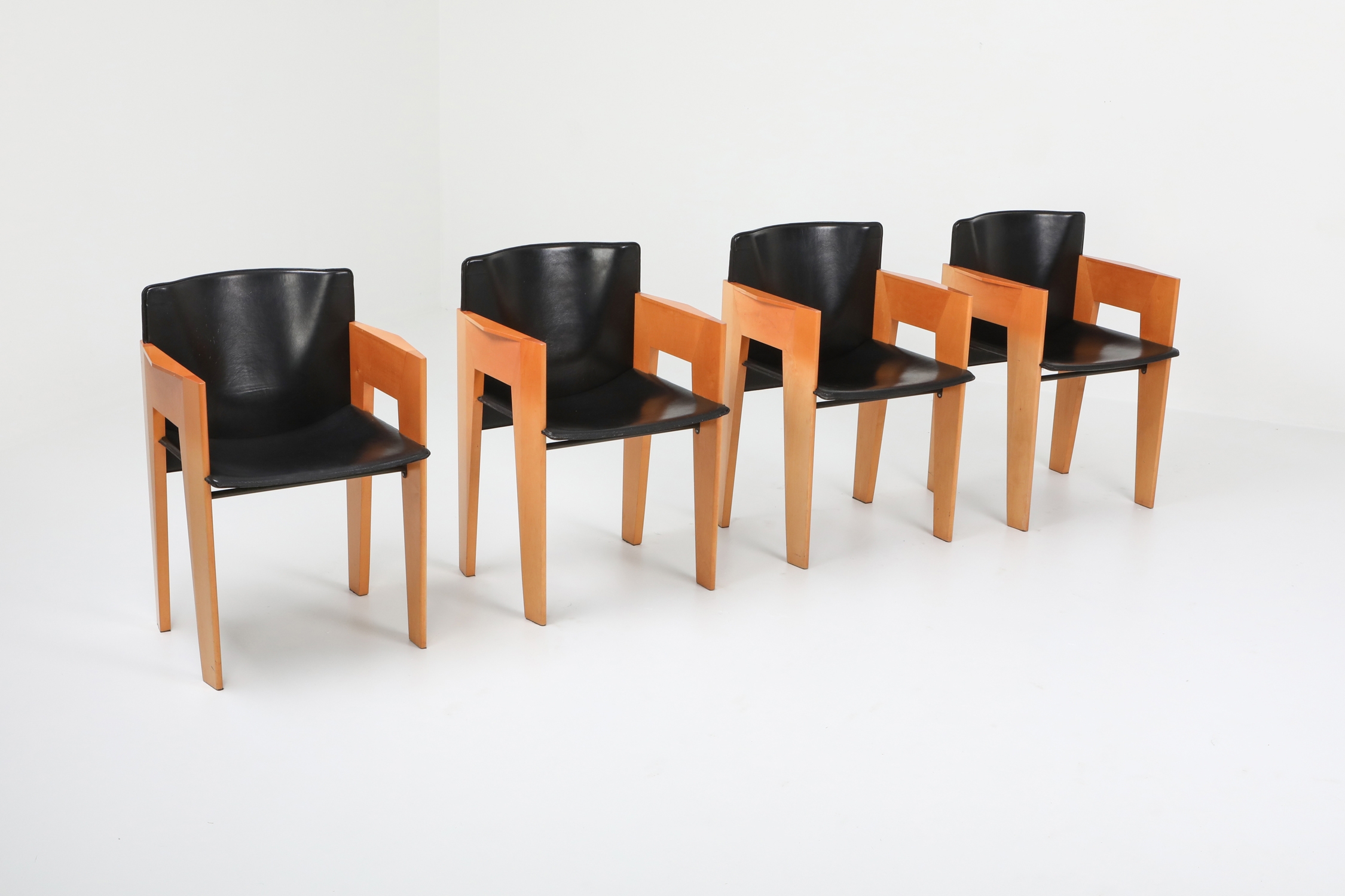 Post-modern Sculptural Leather & Wood Chairs By Arco - 1980s