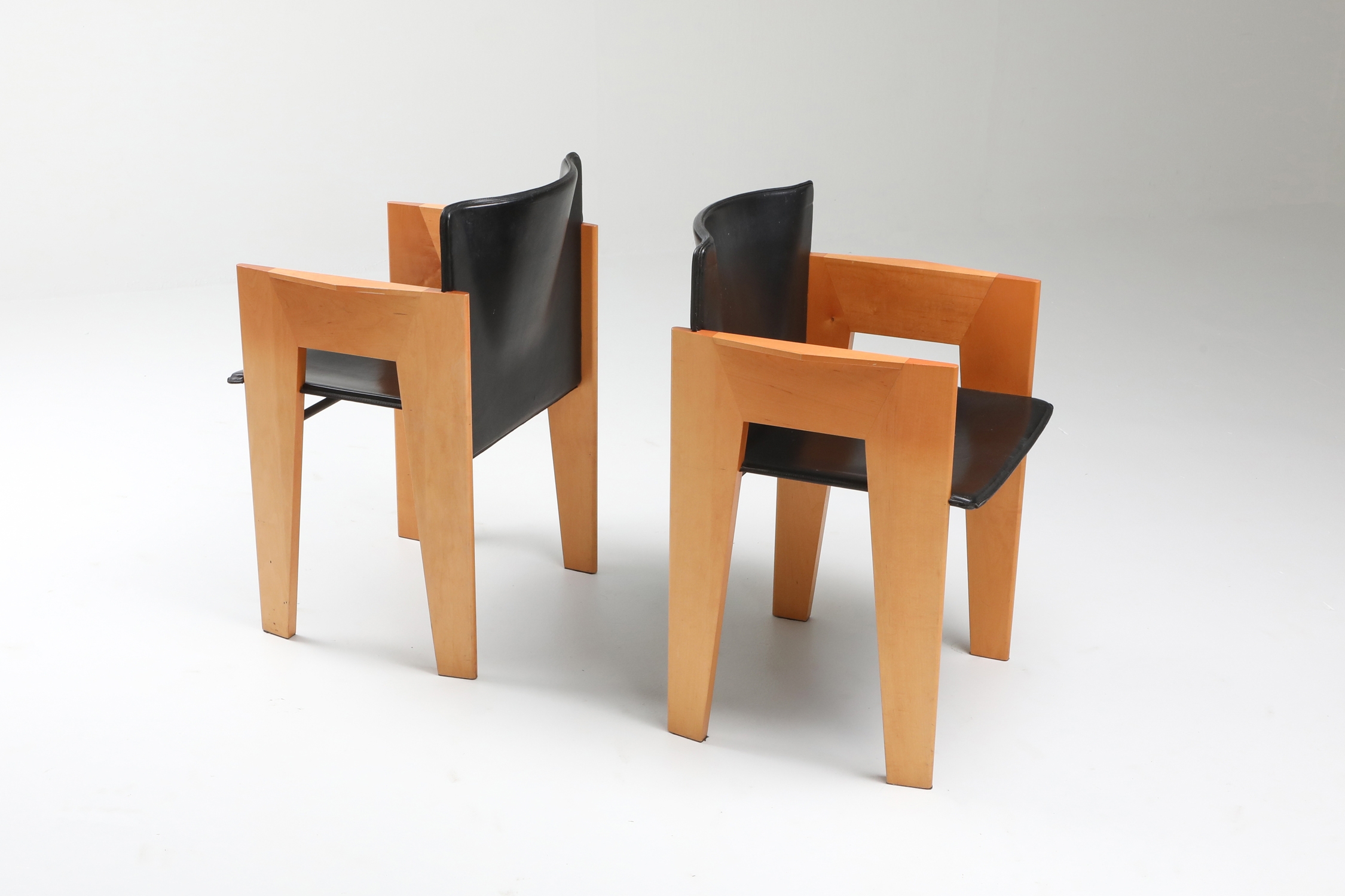 Post-modern Sculptural Leather & Wood Chairs By Arco - 1980s