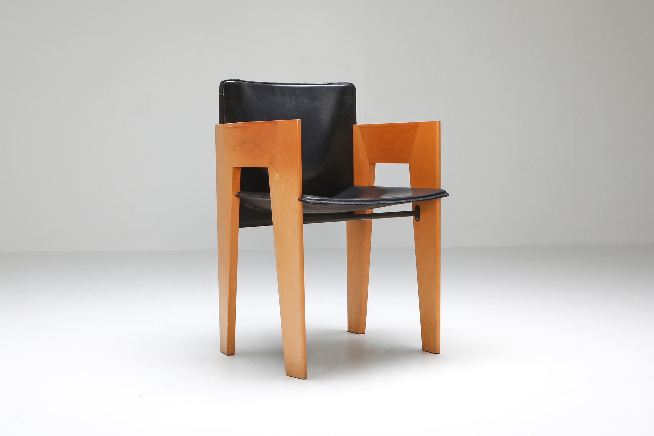 Post-modern Sculptural Leather & Wood Chairs By Arco - 1980s