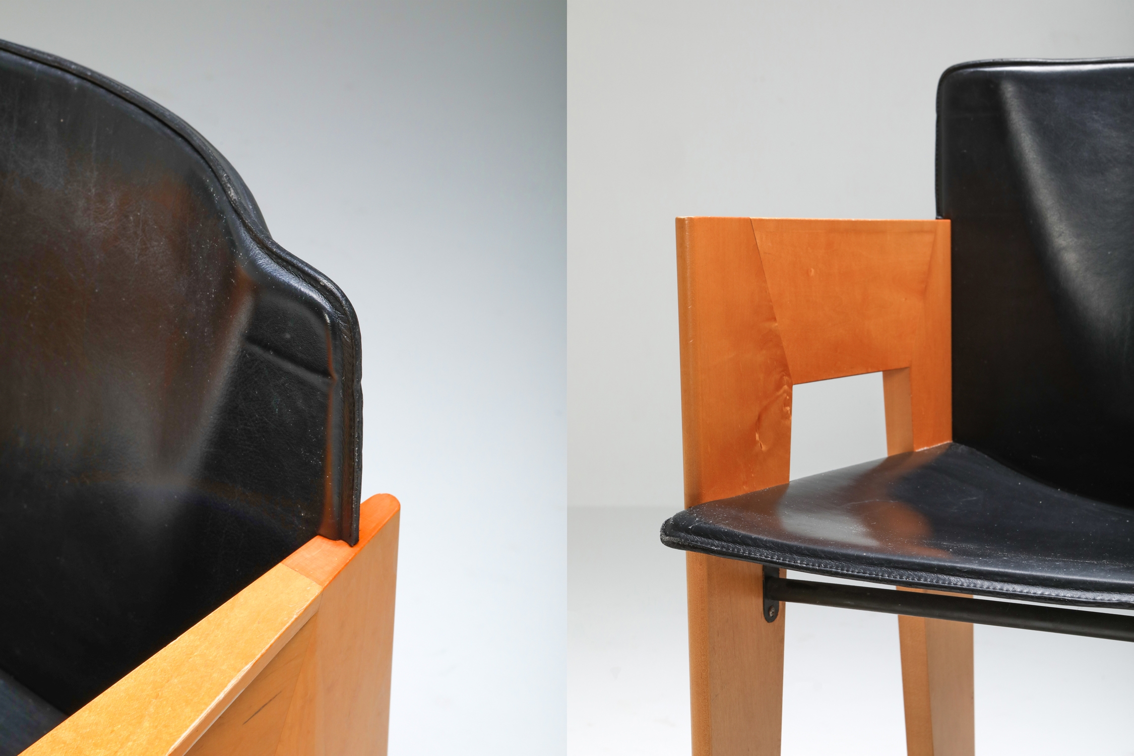 Post-modern Sculptural Leather & Wood Chairs By Arco - 1980s