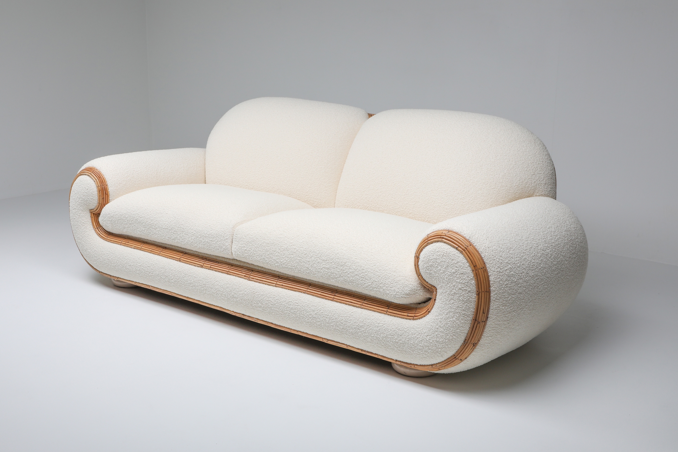 Vivai Del Sud Sofa In Bouclé Wool & Rattan - 1970s