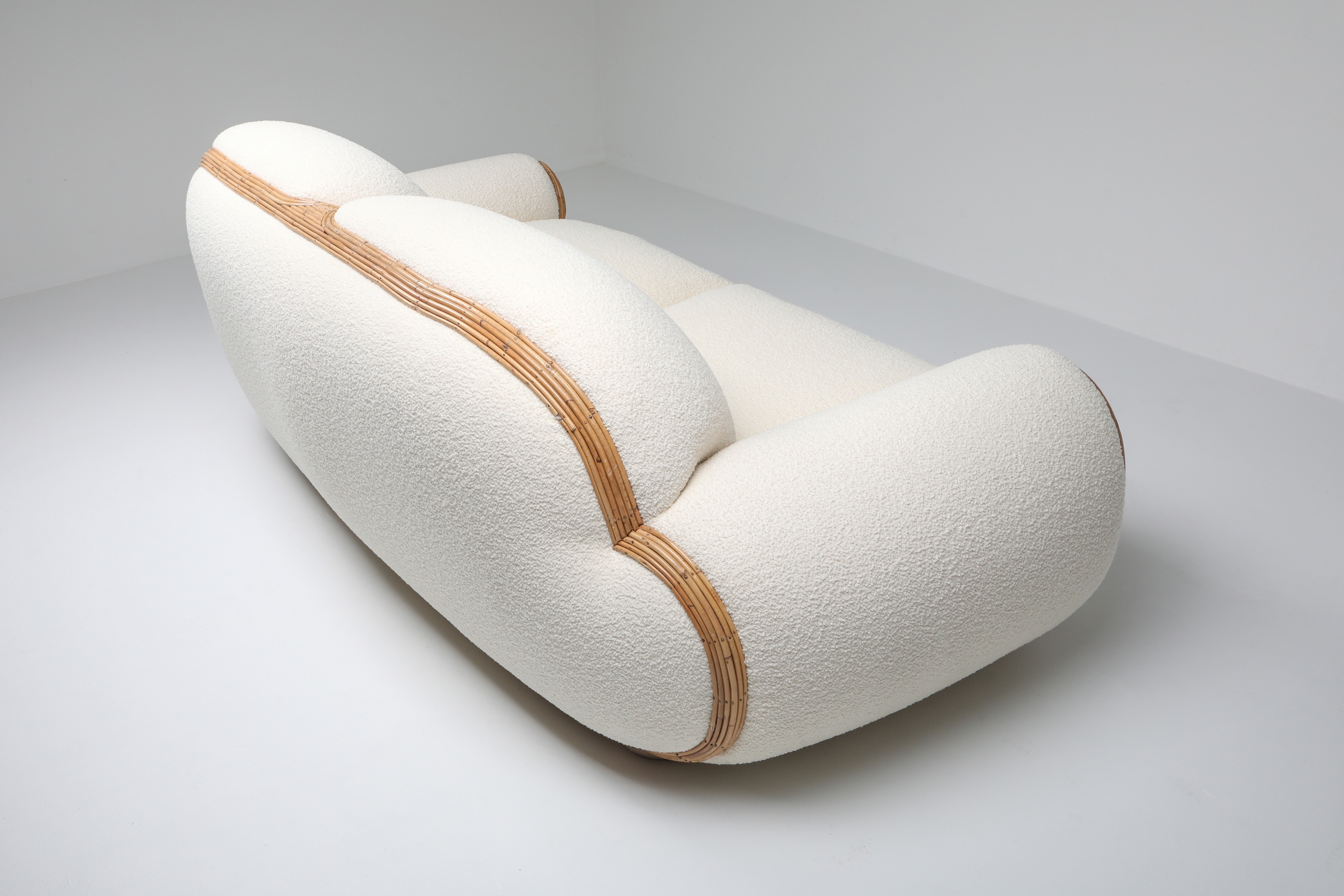 Vivai Del Sud Sofa In Bouclé Wool & Rattan - 1970s