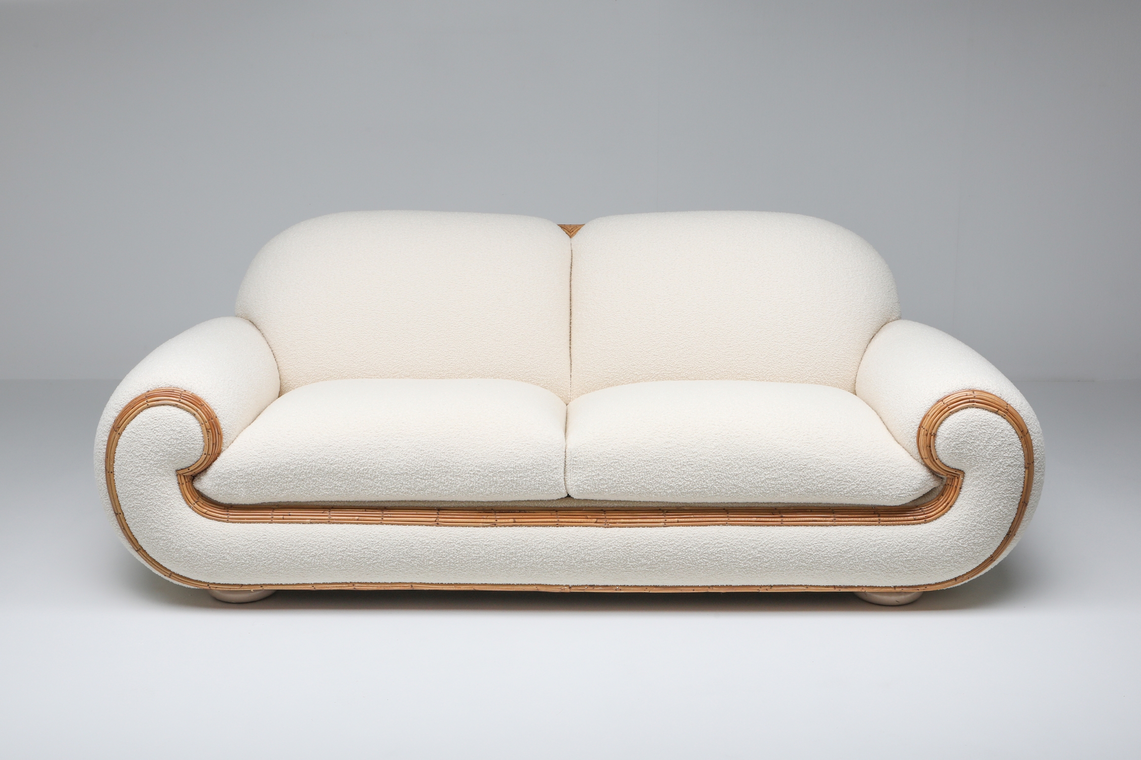 Vivai Del Sud Sofa In Bouclé Wool & Rattan - 1970s