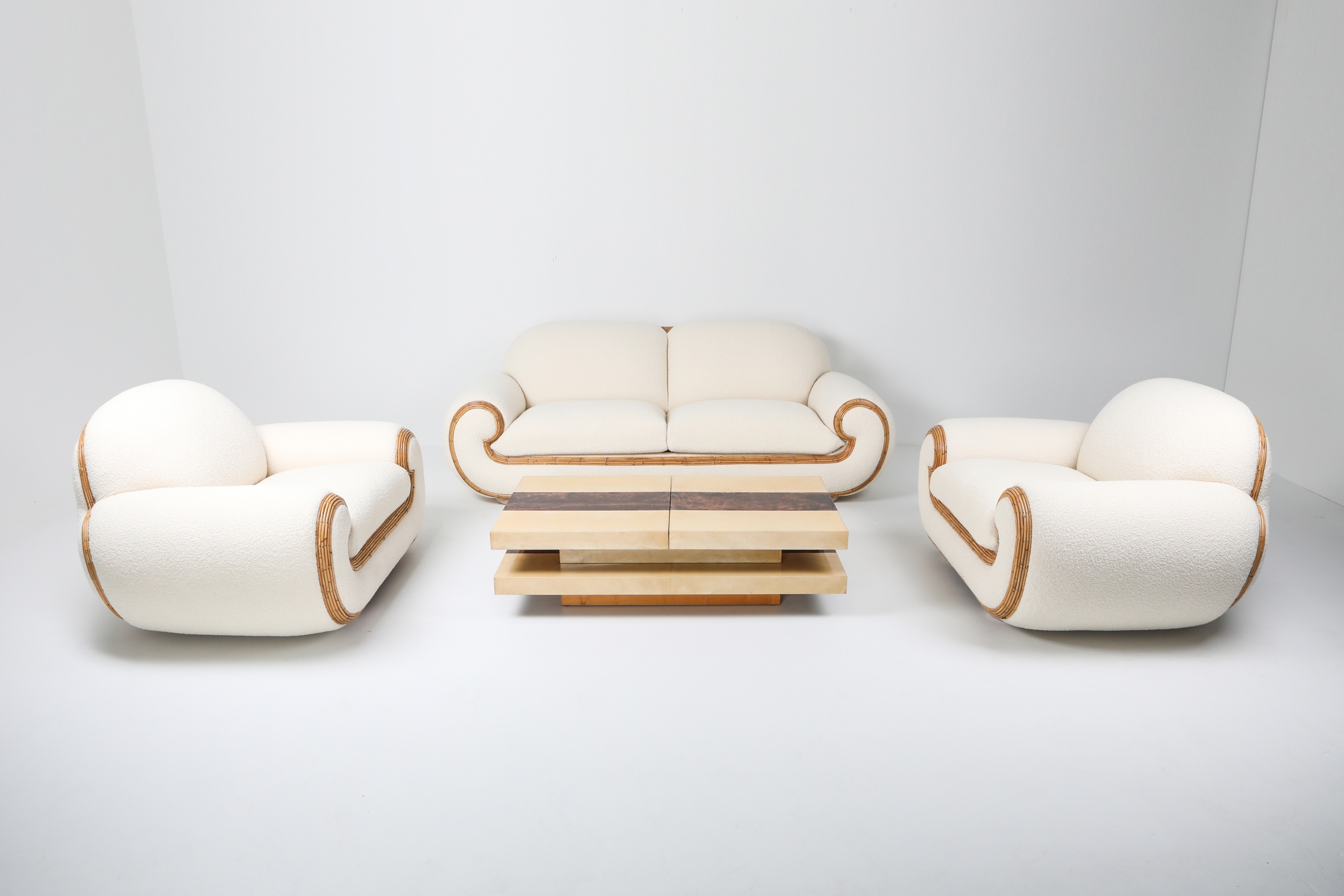 Vivai Del Sud Sofa In Bouclé Wool & Rattan - 1970s
