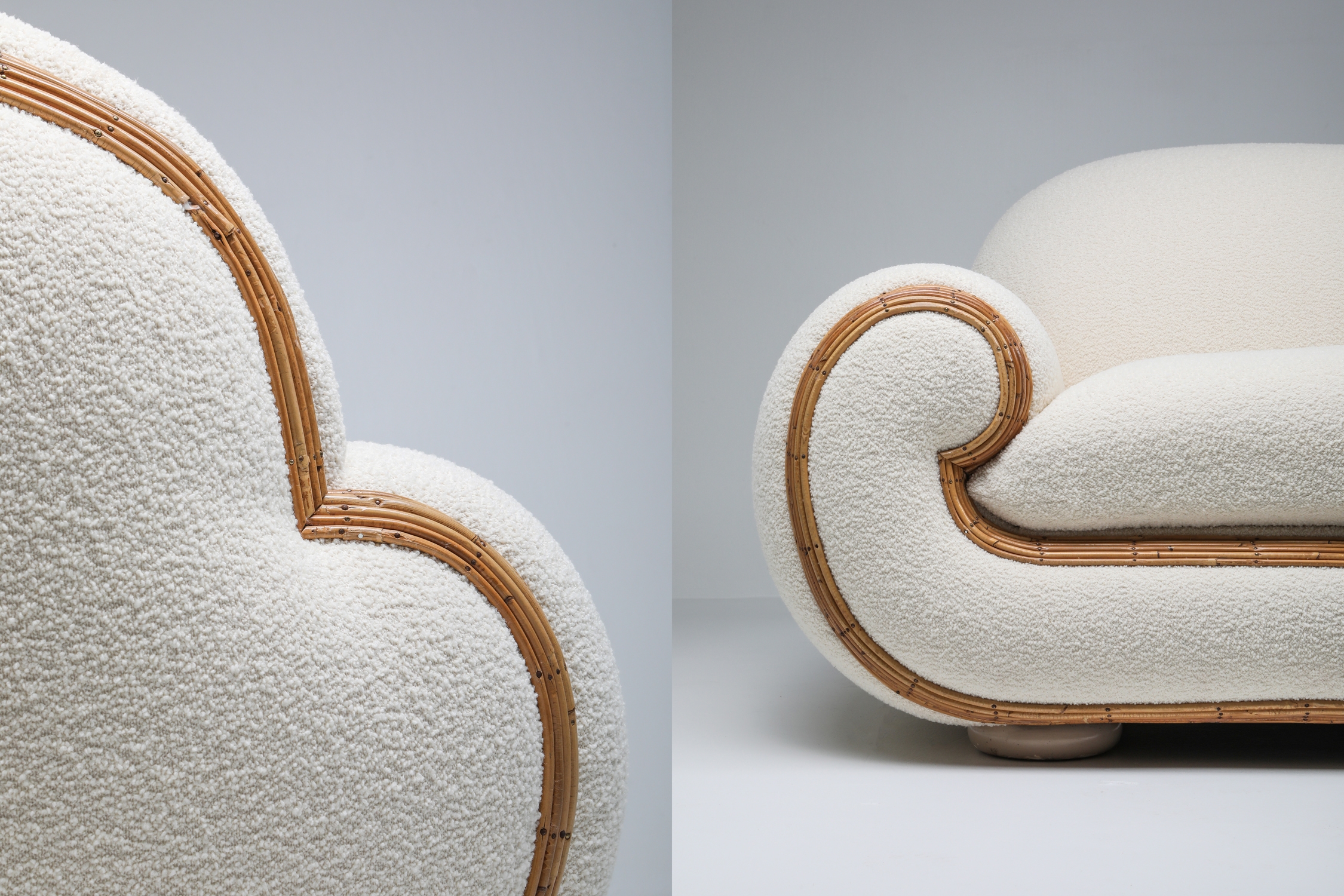 Vivai Del Sud Sofa In Bouclé Wool & Rattan - 1970s