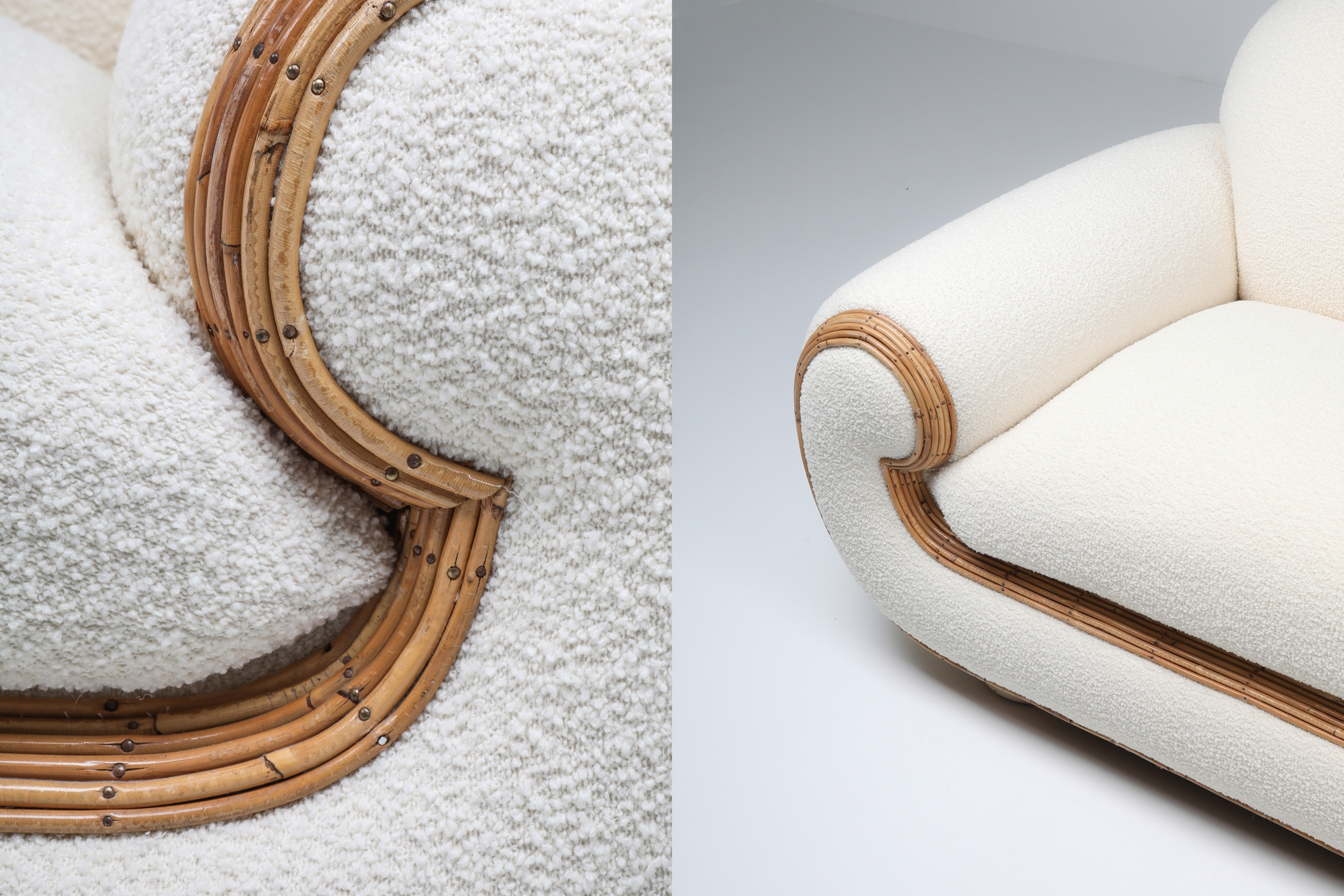 Vivai Del Sud Sofa In Bouclé Wool & Rattan - 1970s