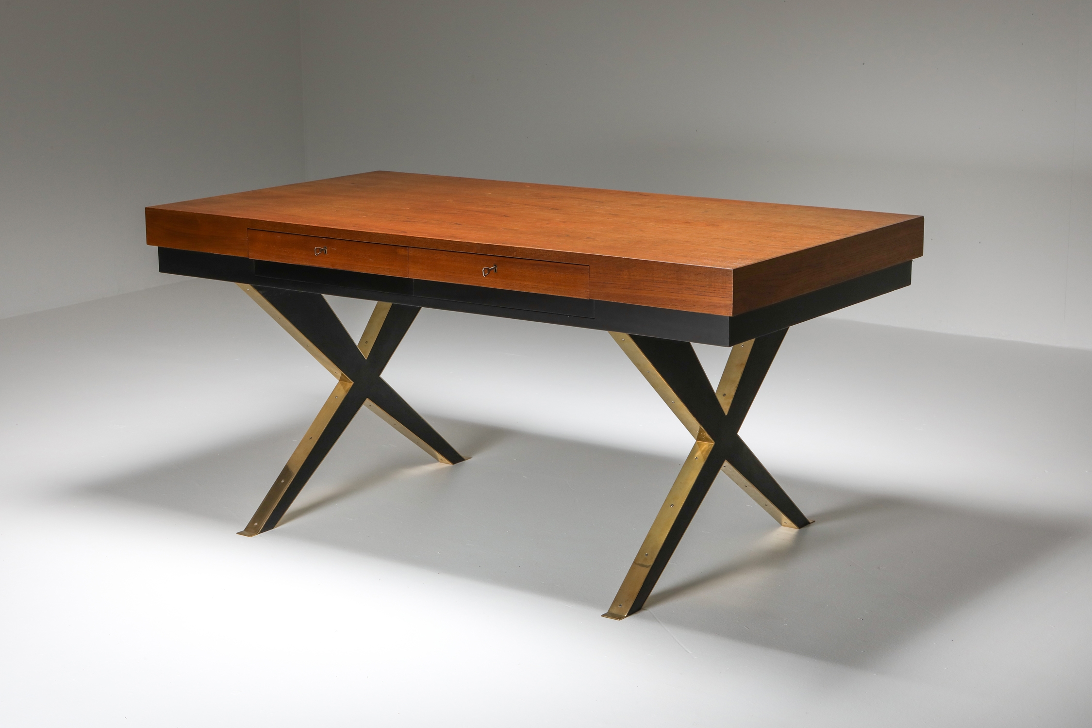 Italian Elegant Desk on Brass X Shaped Legs - 1970s