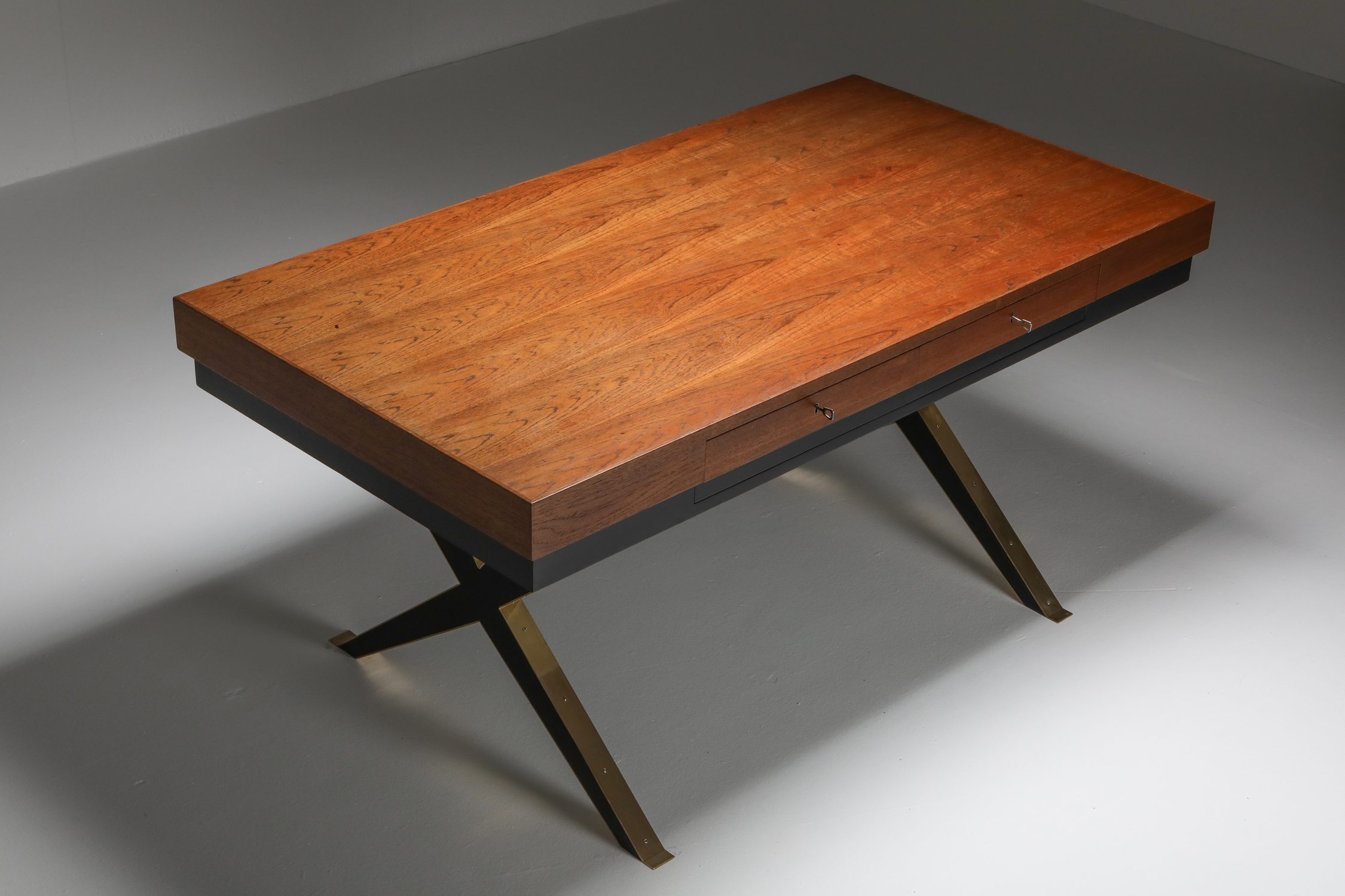 Italian Elegant Desk on Brass X Shaped Legs - 1970s