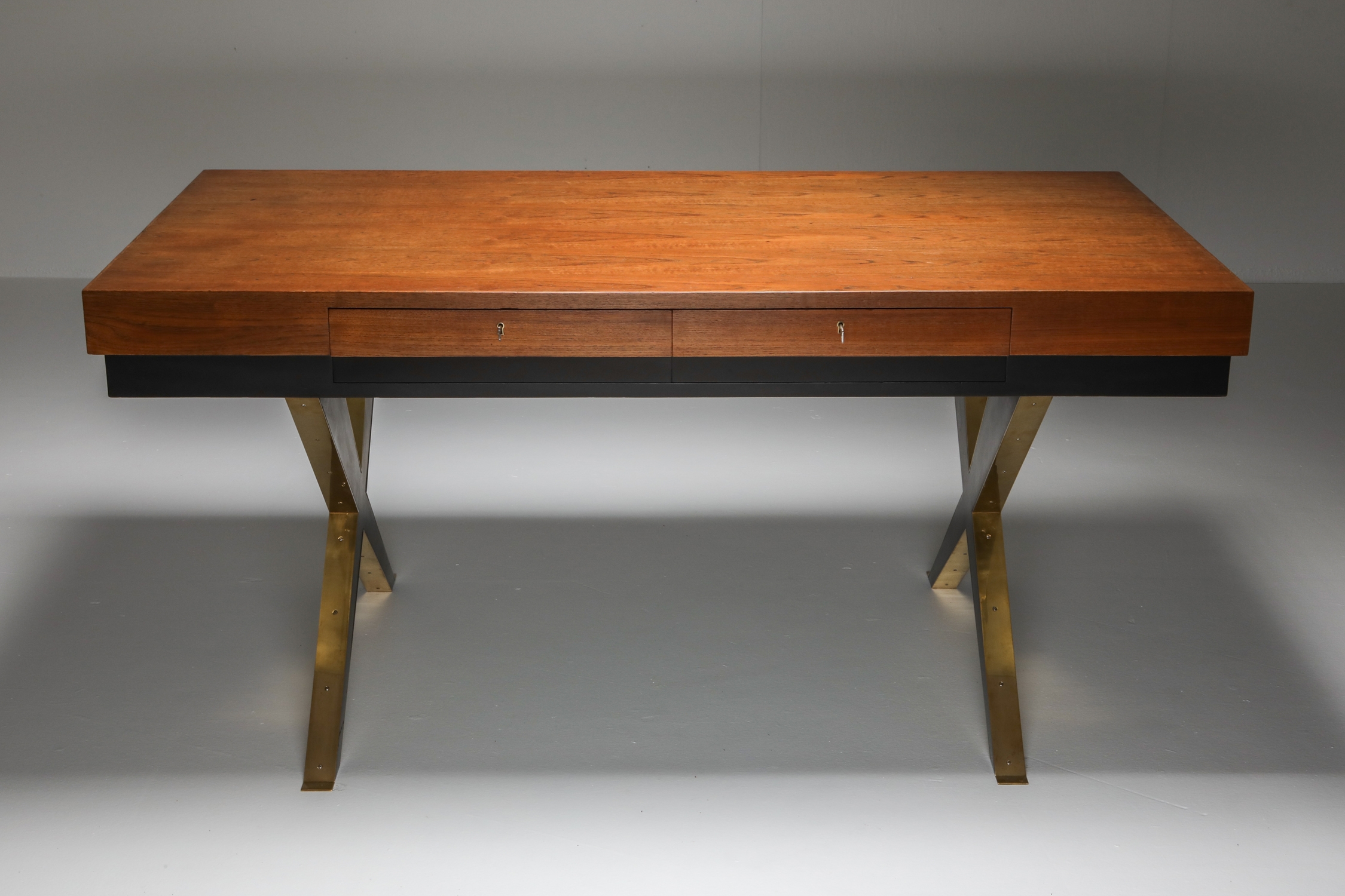 Italian Elegant Desk on Brass X Shaped Legs - 1970s