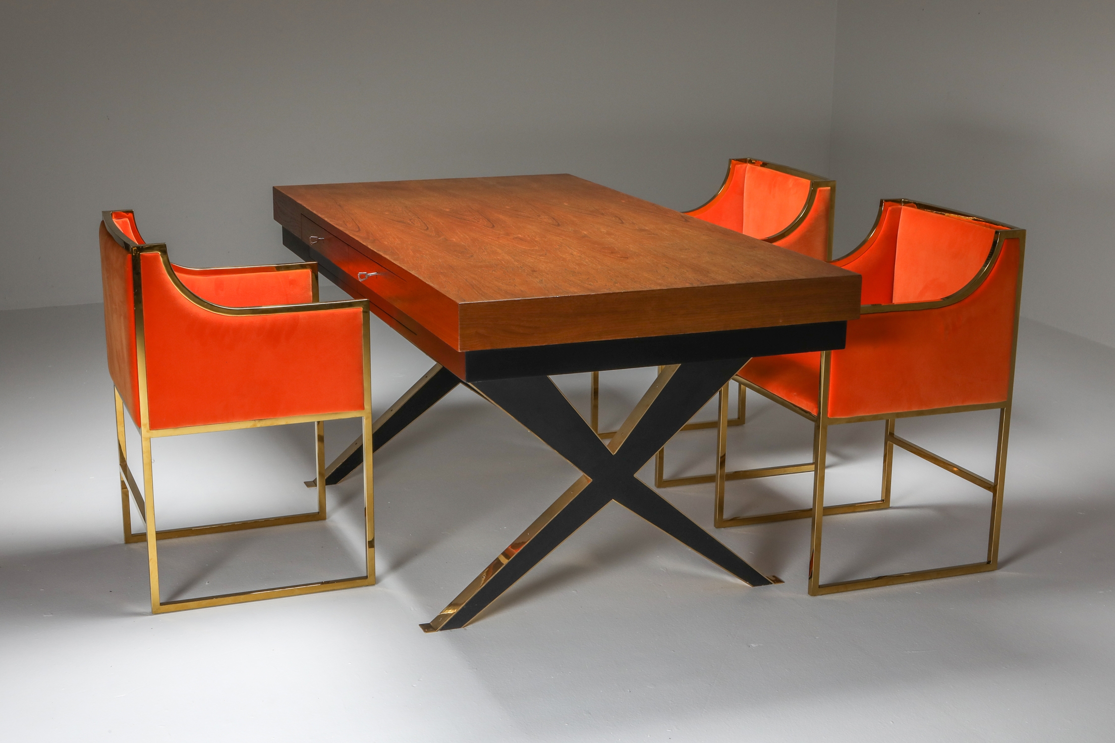 Italian Elegant Desk on Brass X Shaped Legs - 1970s