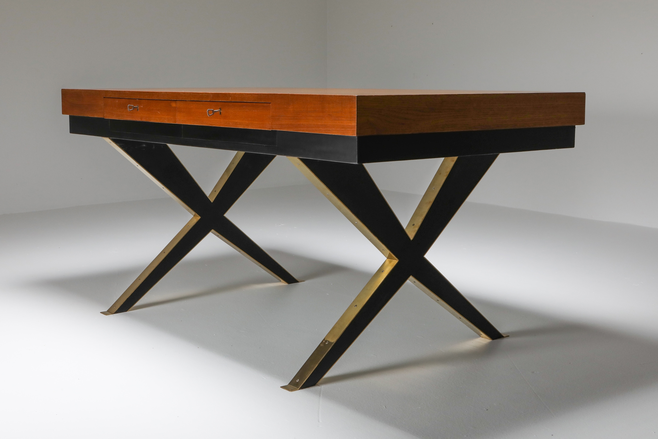Italian Elegant Desk on Brass X Shaped Legs - 1970s