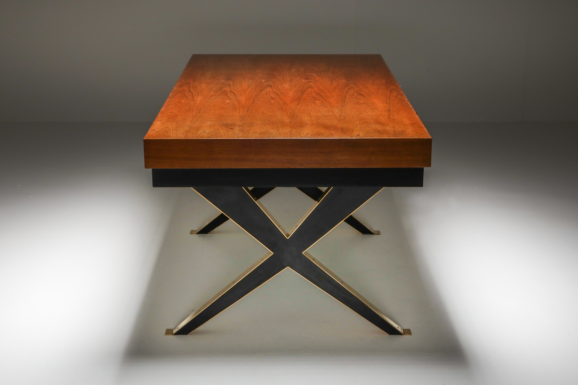 Italian Elegant Desk on Brass X Shaped Legs - 1970s