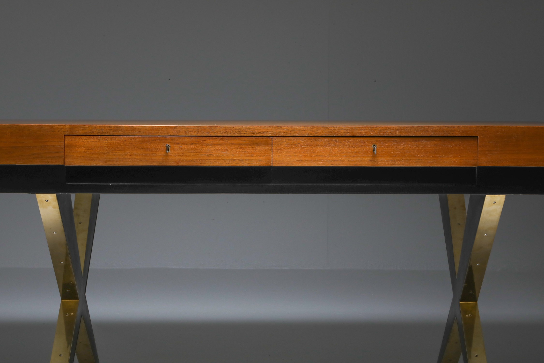 Italian Elegant Desk on Brass X Shaped Legs - 1970s