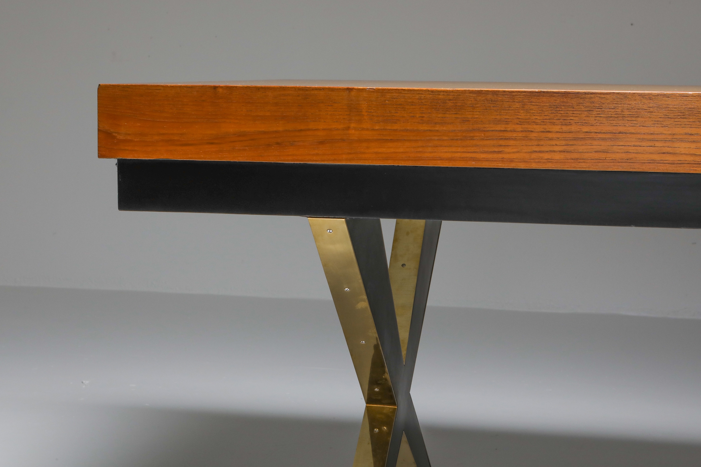 Italian Elegant Desk on Brass X Shaped Legs - 1970s
