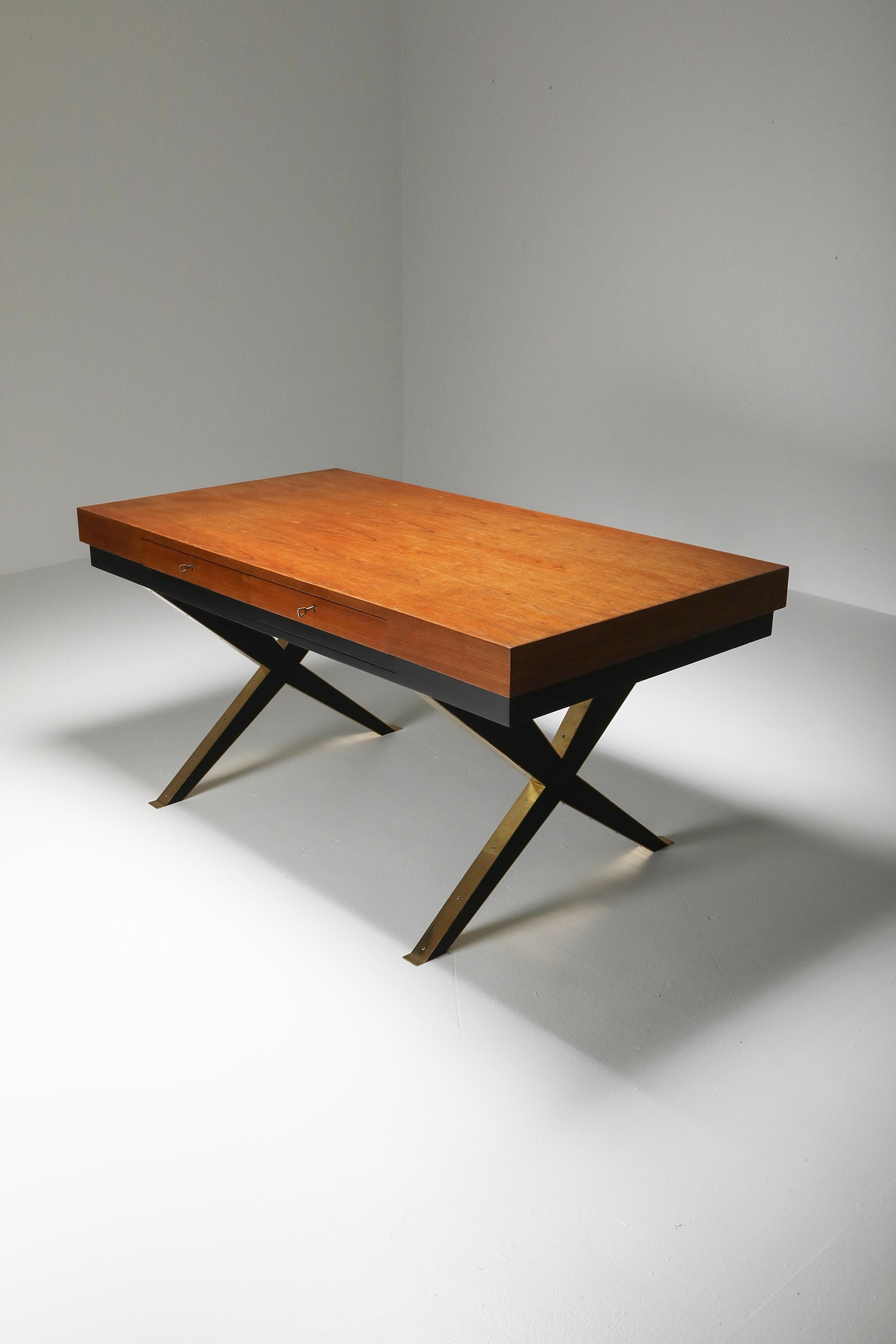 Italian Elegant Desk on Brass X Shaped Legs - 1970s